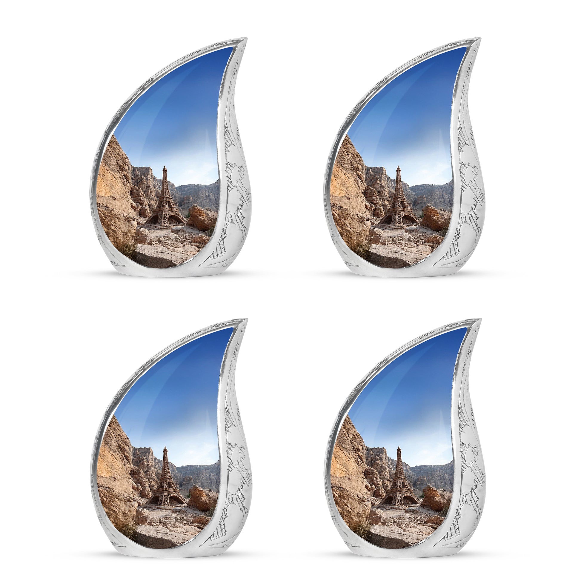 Sky Blue Eiffel Tower Cremation Urn close-up of engraving and surface detail - rounded teardrop eiffel tower design with delicate detail - 10 inch aluminum urn for cremated remains