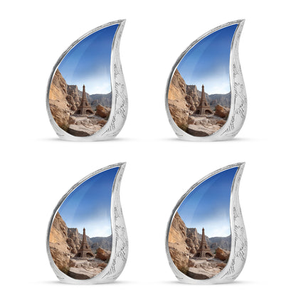 Sky Blue Eiffel Tower Cremation Urn close-up of engraving and surface detail - rounded teardrop eiffel tower design with delicate detail - 10 inch aluminum urn for cremated remains