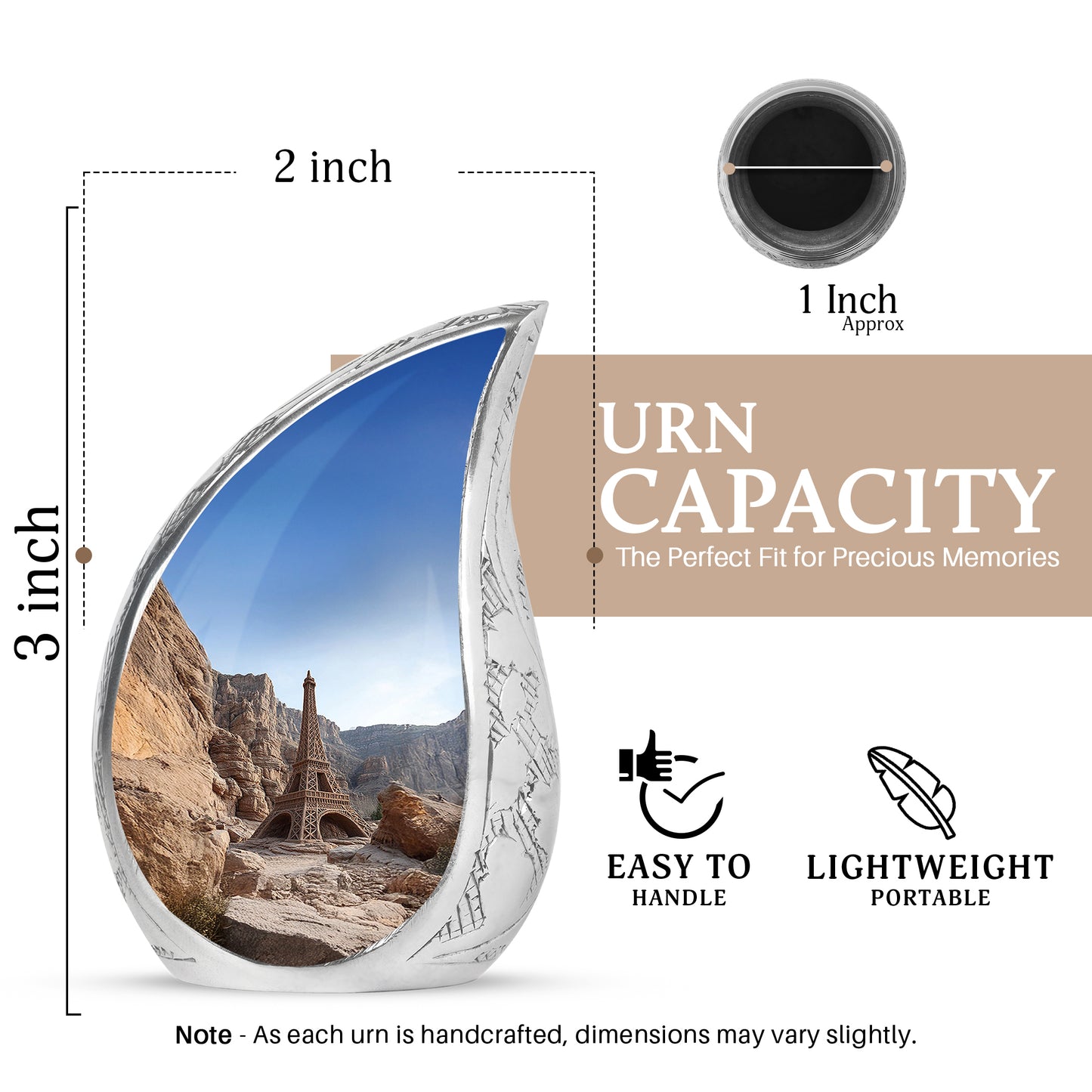 Steel Blue Eiffel Tower Cremation Urn angled view of lid and engraved motif - smooth teardrop contour featuring eiffel tower art - mini keepsake memorial for portion of cremation ashes