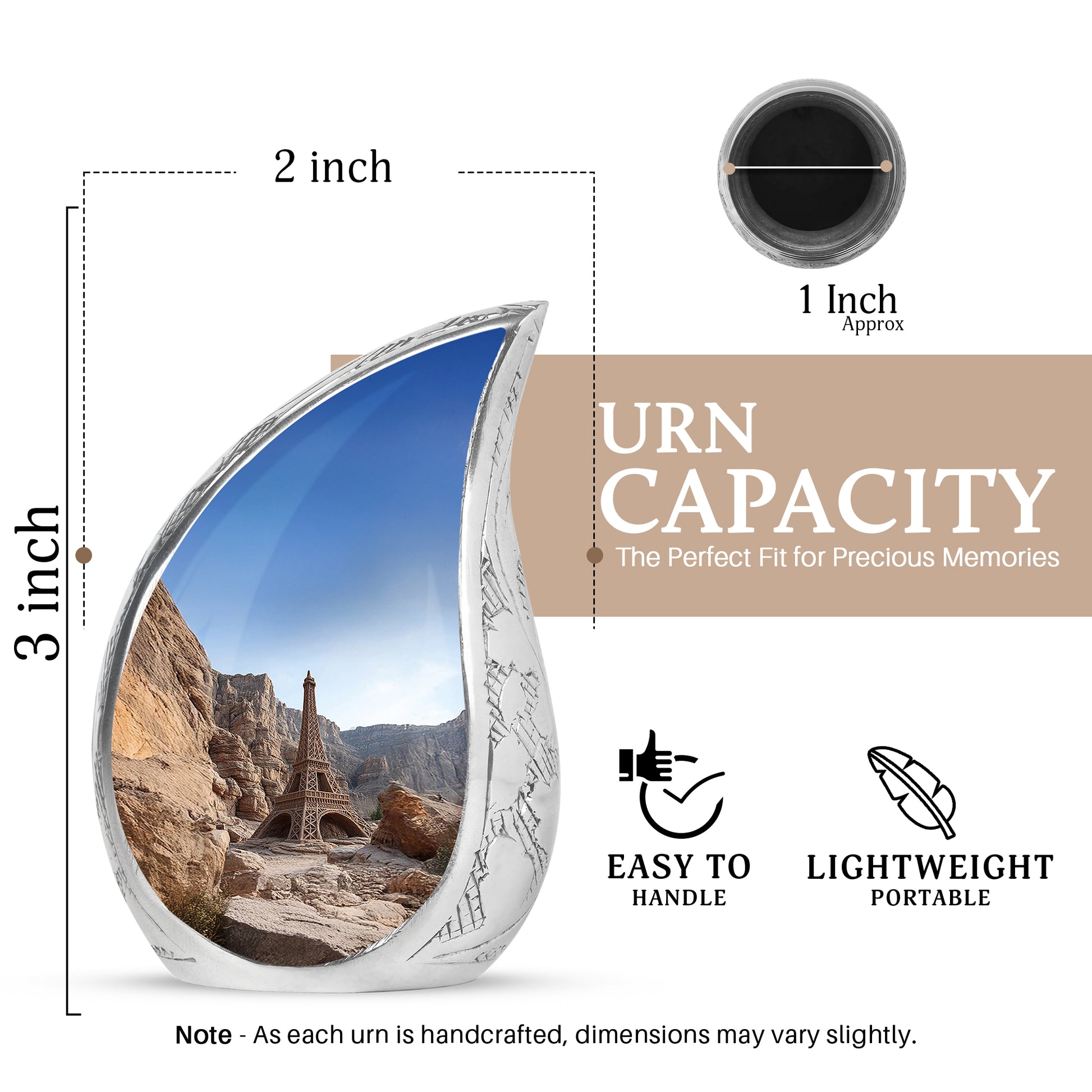 Steel Blue Eiffel Tower Cremation Urn angled view of lid and engraved motif - smooth teardrop contour featuring eiffel tower art - mini keepsake memorial for portion of cremation ashes