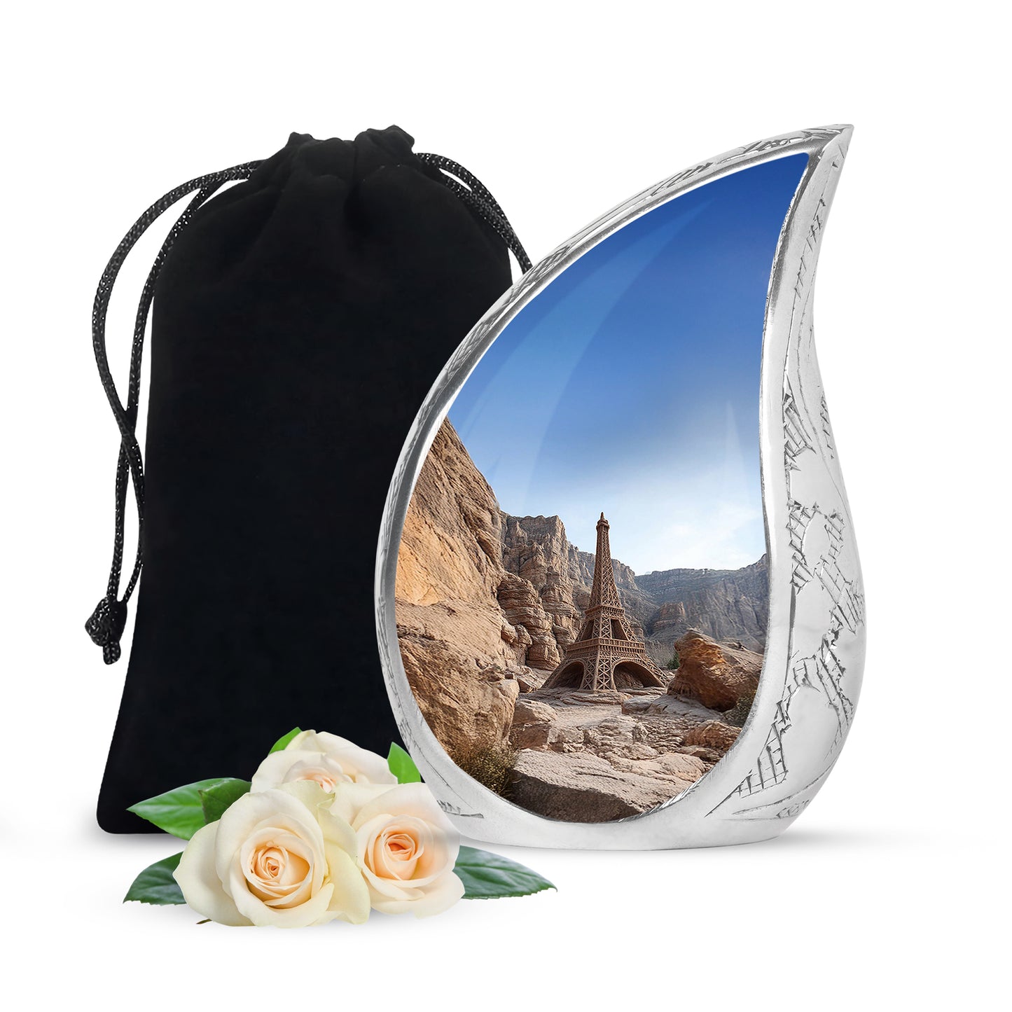 Indigo Eiffel Tower Cremation Urn front view showing detailed design - flowing teardrop eiffel tower silhouette on curved aluminum - full-size 10 inch 200 cubic inch adult cremation urn