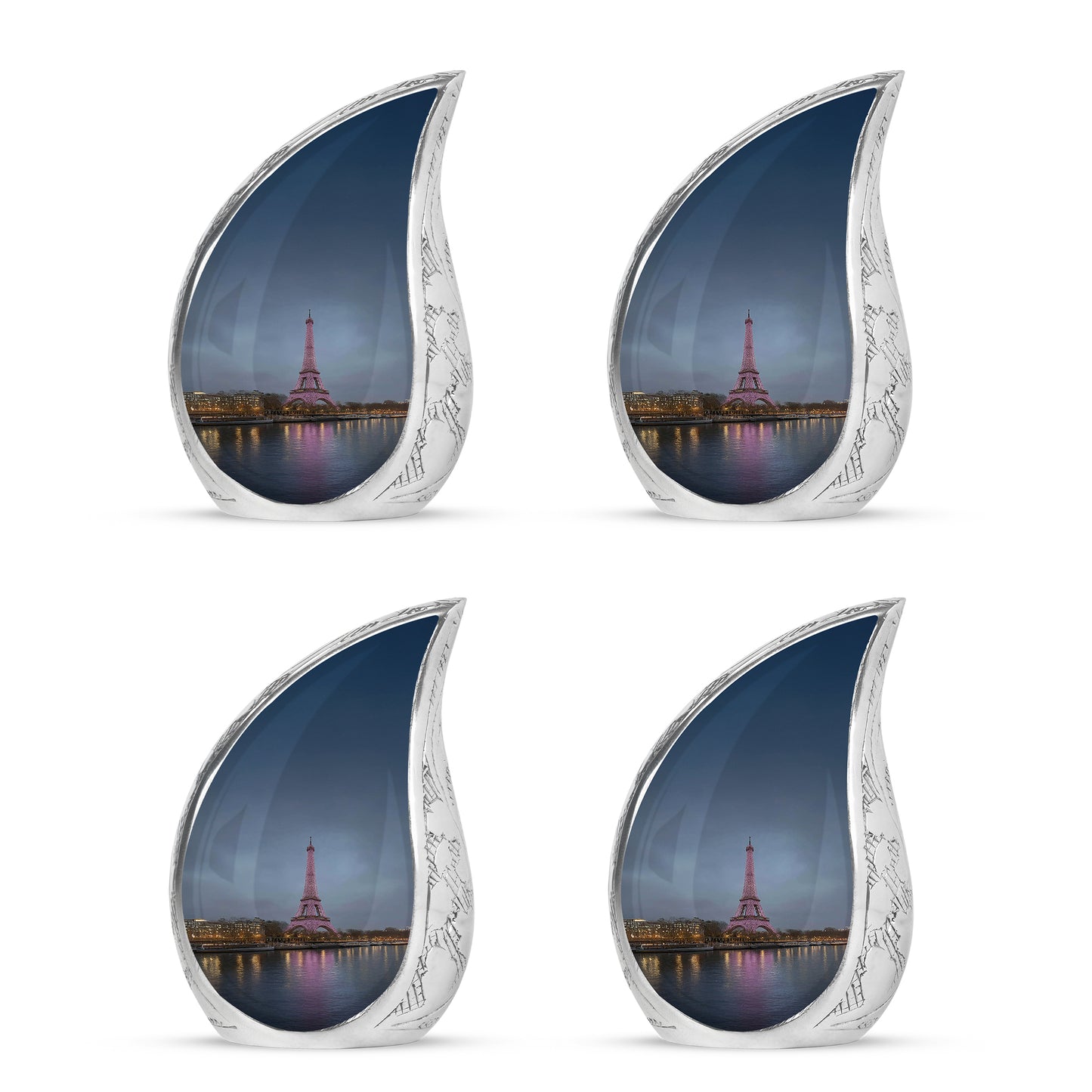 Powder Blue Eiffel Tower Cremation Urn close-up of engraving and surface detail - flowing teardrop eiffel tower silhouette on curved aluminum - 10 inch aluminum urn for cremated remains