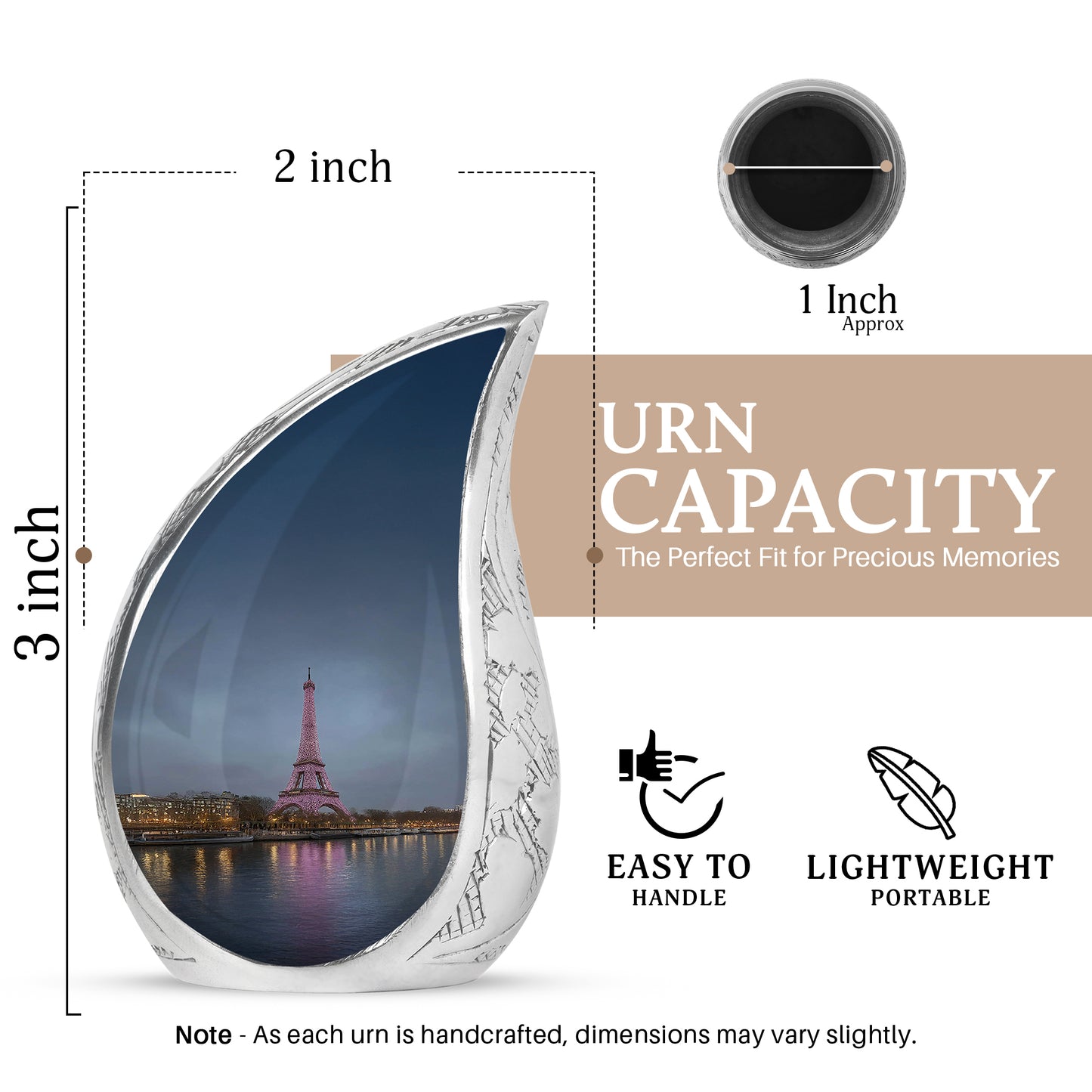 Dusty Blue Eiffel Tower Cremation Urn angled view of lid and engraved motif - flowing teardrop eiffel tower silhouette on curved aluminum - mini keepsake memorial for portion of cremation ashes