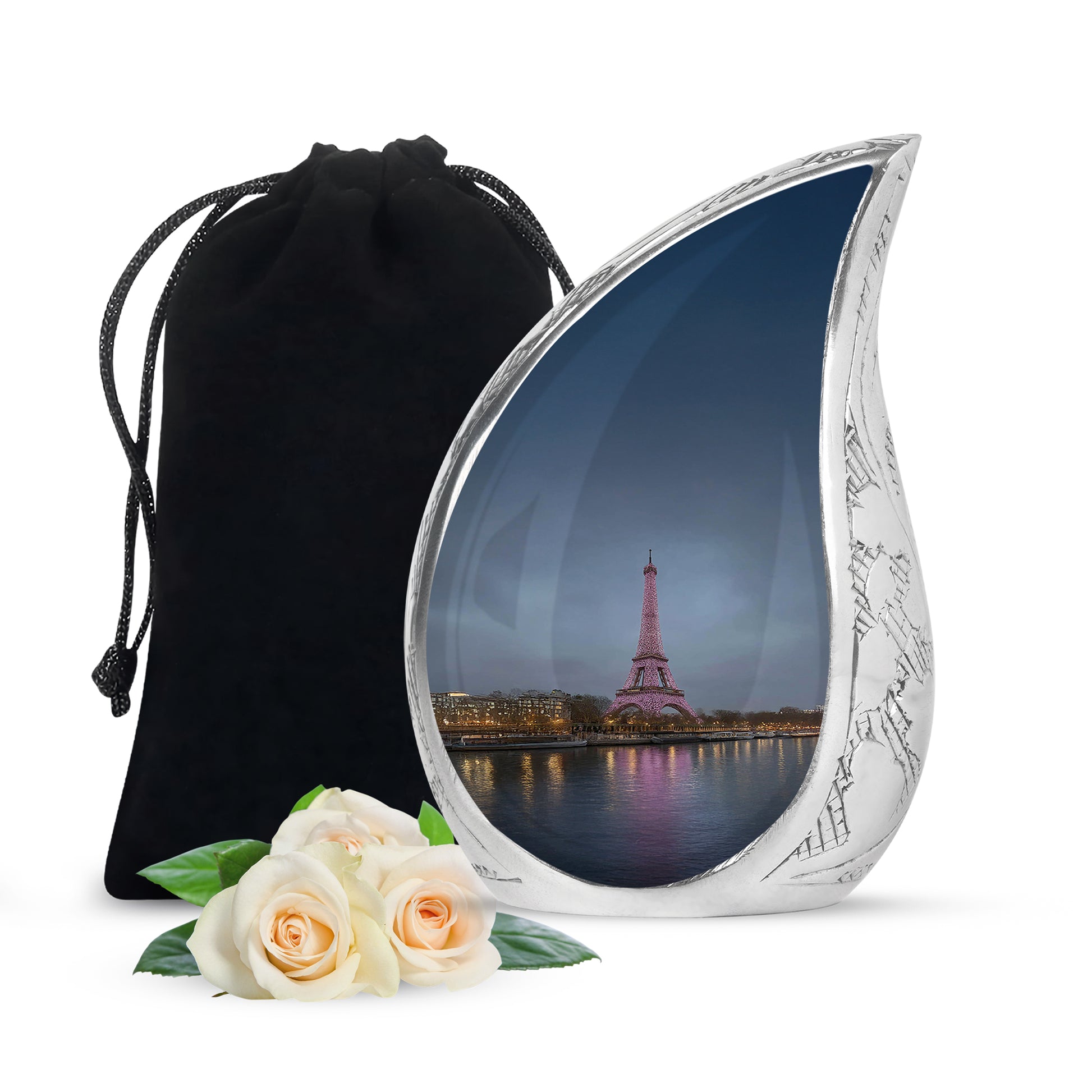 Vivid Blue Eiffel Tower Cremation Urn front view showing detailed design - smooth teardrop contour featuring eiffel tower art - full-size 10 inch 200 cubic inch adult cremation urn