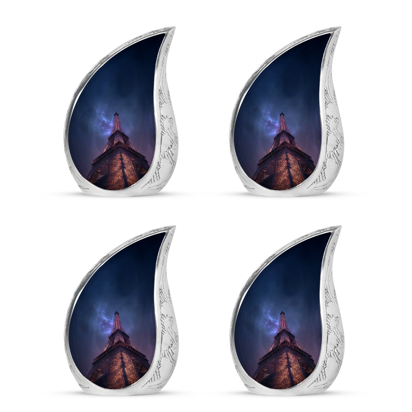 Sapphire Blue Eiffel Tower Cremation Urn close-up of engraving and surface detail - smooth teardrop contour featuring eiffel tower art - 10 inch aluminum urn for cremated remains