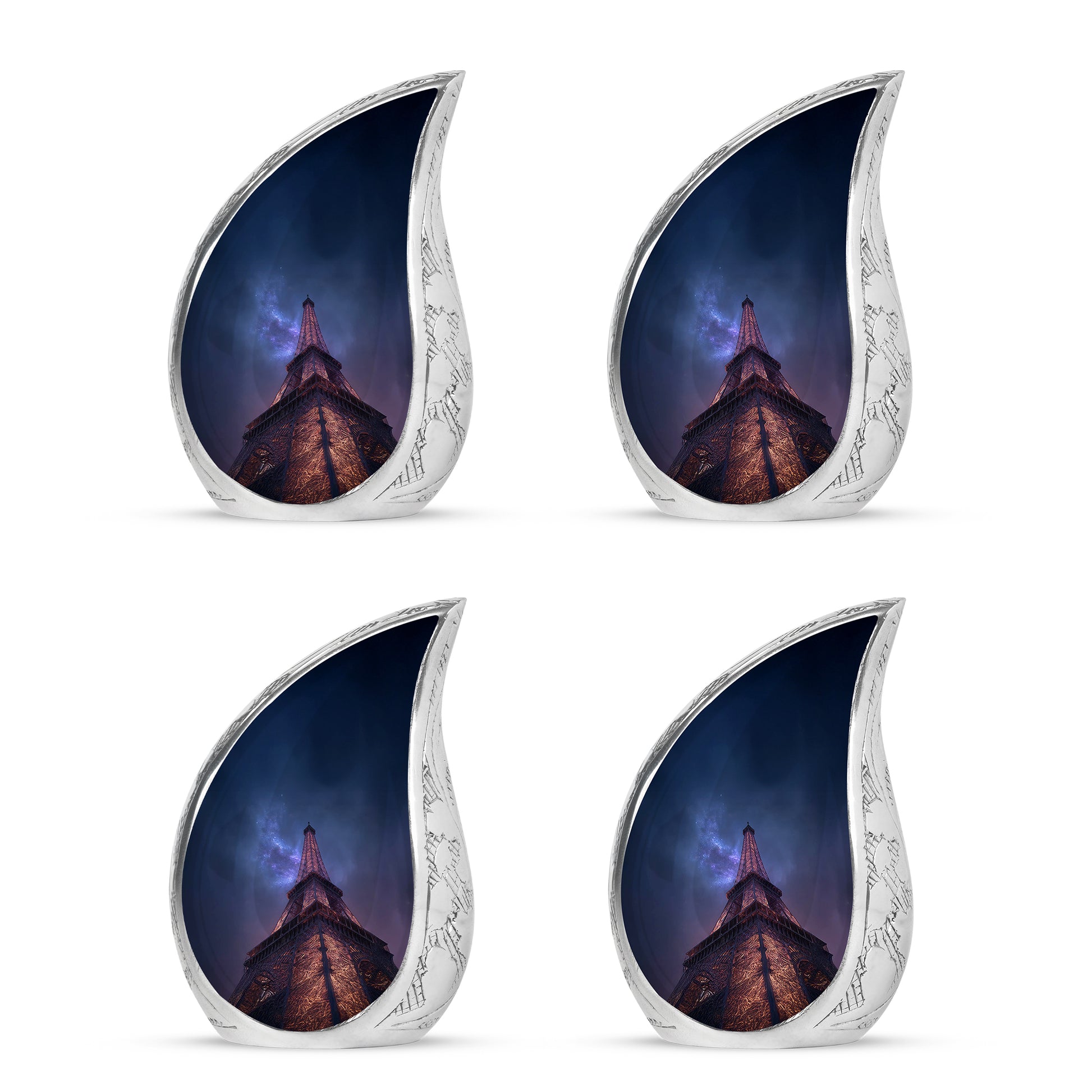 Sapphire Blue Eiffel Tower Cremation Urn close-up of engraving and surface detail - smooth teardrop contour featuring eiffel tower art - 10 inch aluminum urn for cremated remains