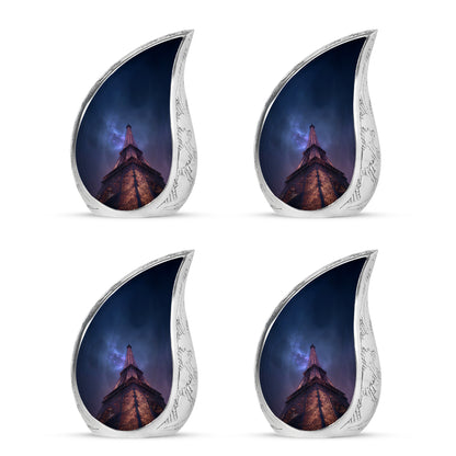 Sapphire Blue Eiffel Tower Cremation Urn close-up of engraving and surface detail - smooth teardrop contour featuring eiffel tower art - 10 inch aluminum urn for cremated remains