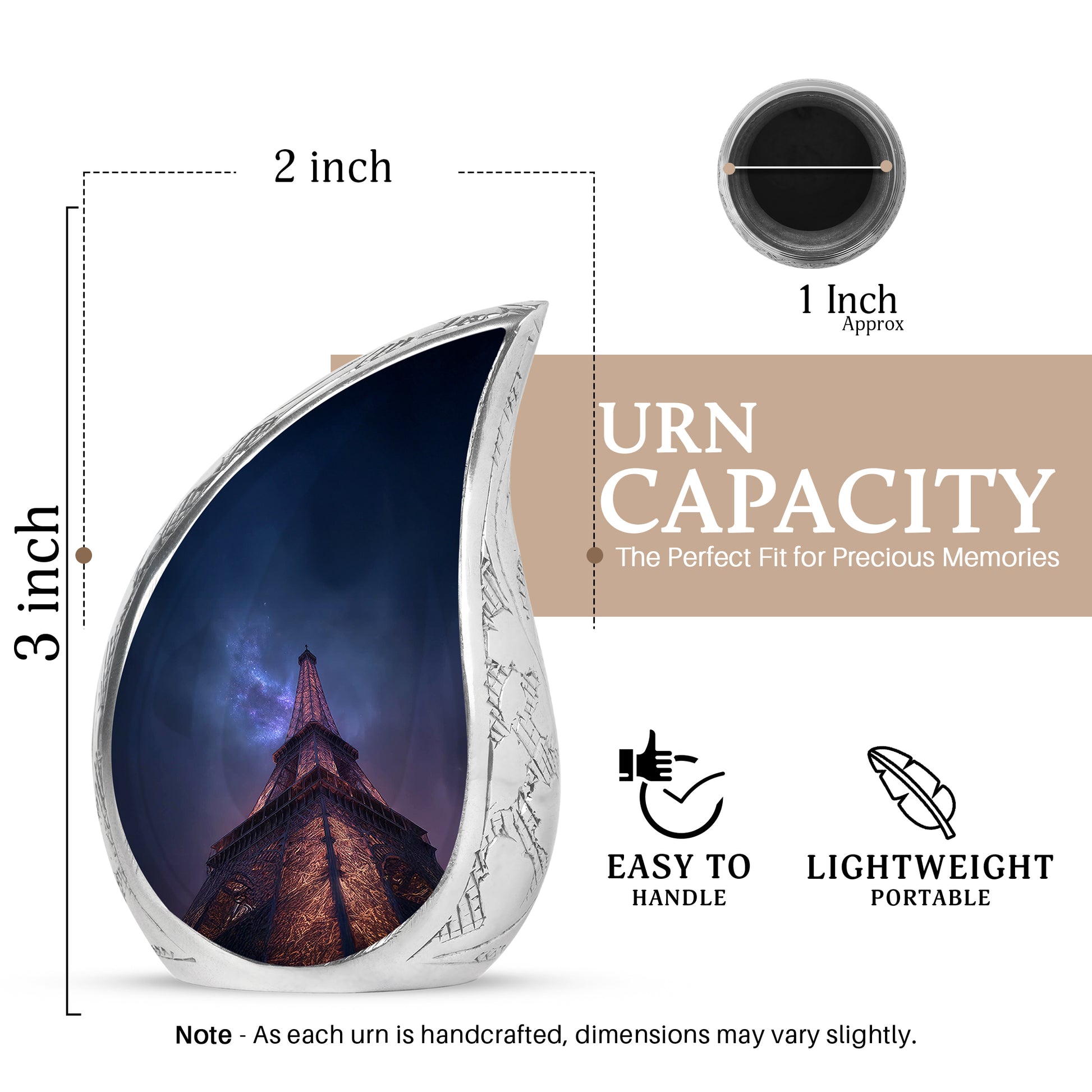 Dusty Blue Eiffel Tower Cremation Urn angled view of lid and engraved motif - flowing teardrop eiffel tower silhouette on curved aluminum - mini keepsake memorial for portion of cremation ashes