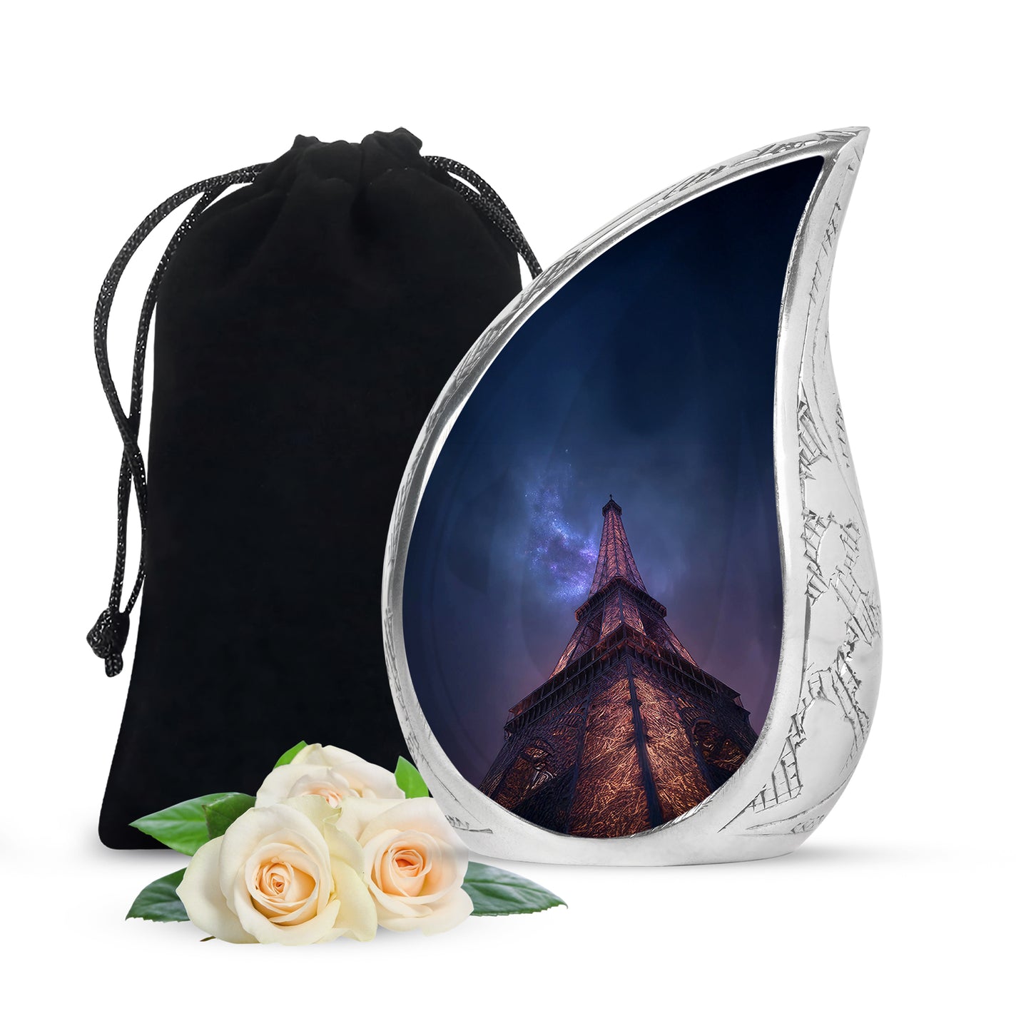 Cobalt Blue Eiffel Tower Cremation Urn front view showing detailed design - graceful tear-shaped urn with eiffel tower motif - full-size 10 inch 200 cubic inch adult cremation urn