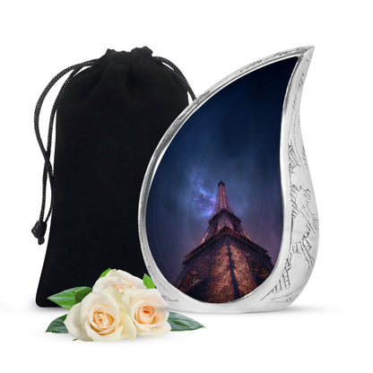 Cobalt Blue Eiffel Tower Cremation Urn front view showing detailed design - graceful tear-shaped urn with eiffel tower motif - full-size 10 inch 200 cubic inch adult cremation urn