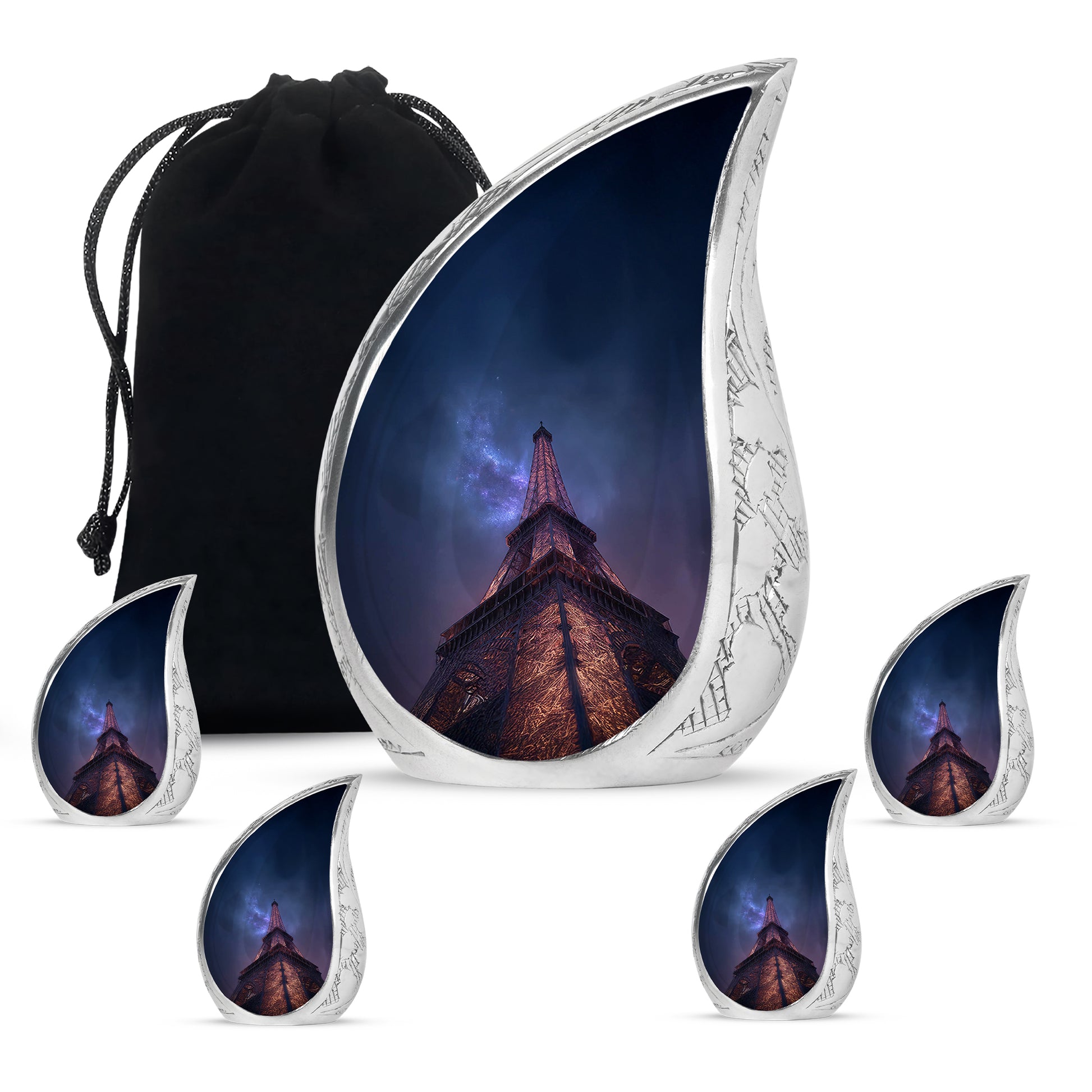 Sky Blue Eiffel Tower Cremation Urn side profile showing urn shape - flowing teardrop eiffel tower silhouette on curved aluminum - memorial set with one large and four small urns