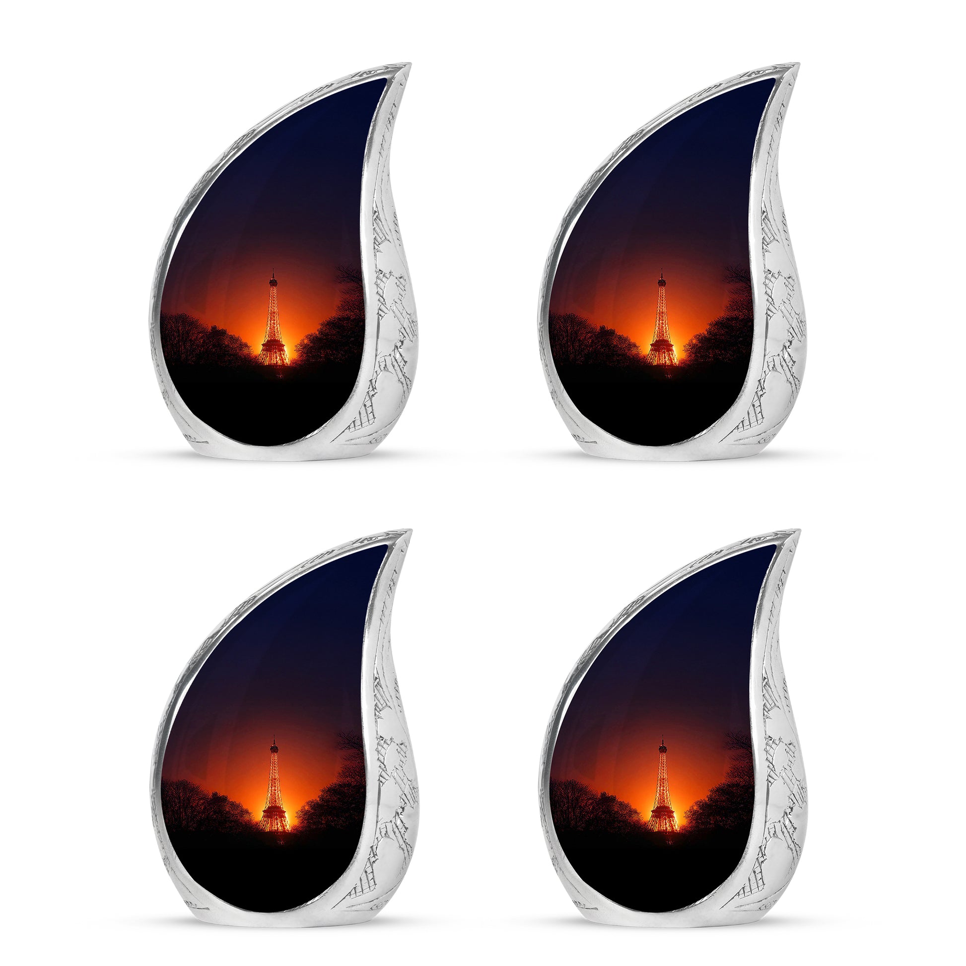 Soft Pink Eiffel Tower Cremation Urn close-up of engraving and surface detail - graceful tear-shaped urn with eiffel tower motif - 10 inch aluminum urn for cremated remains