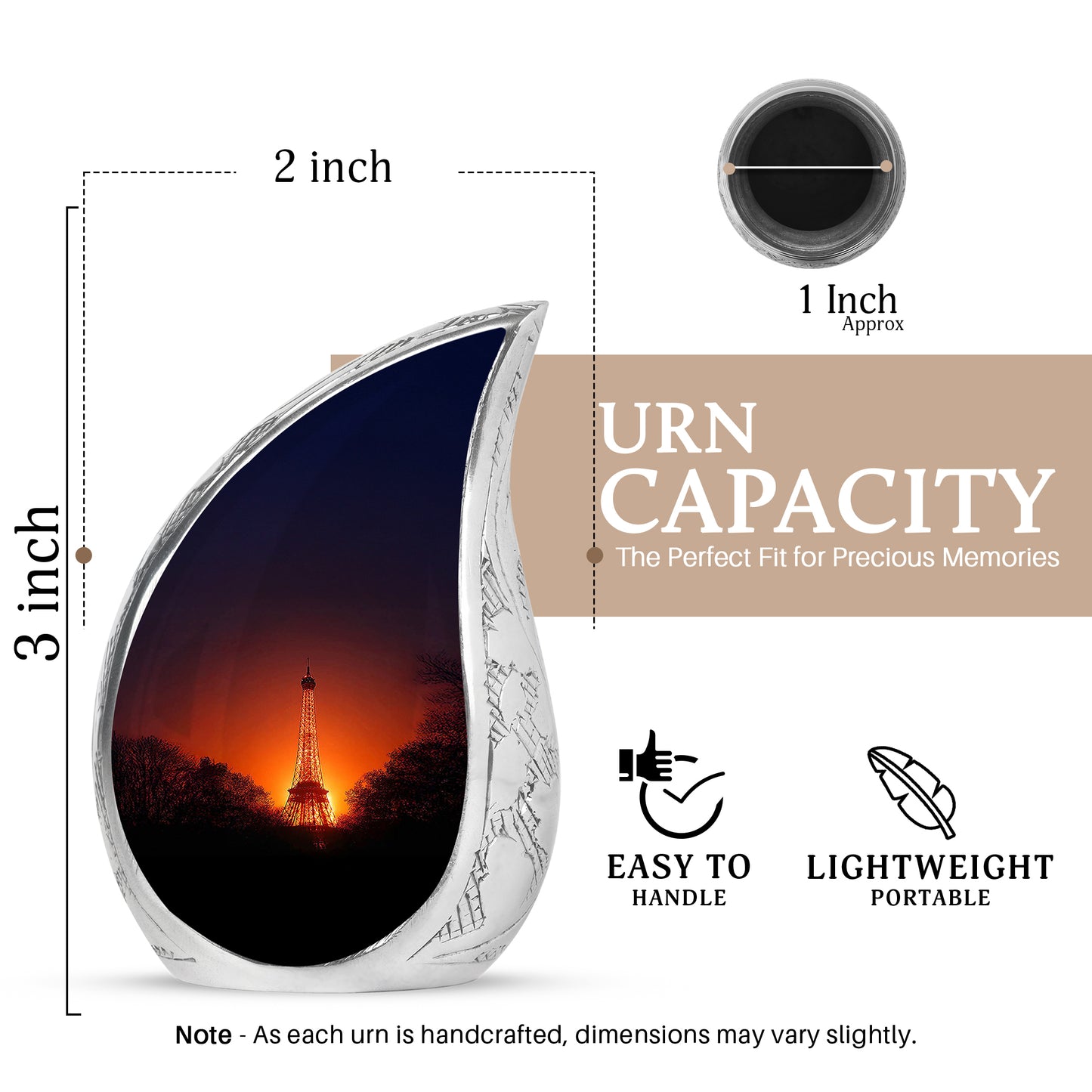 Peony Pink Eiffel Tower Cremation Urn angled view of lid and engraved motif - flowing teardrop eiffel tower silhouette on curved aluminum - mini keepsake memorial for portion of cremation ashes