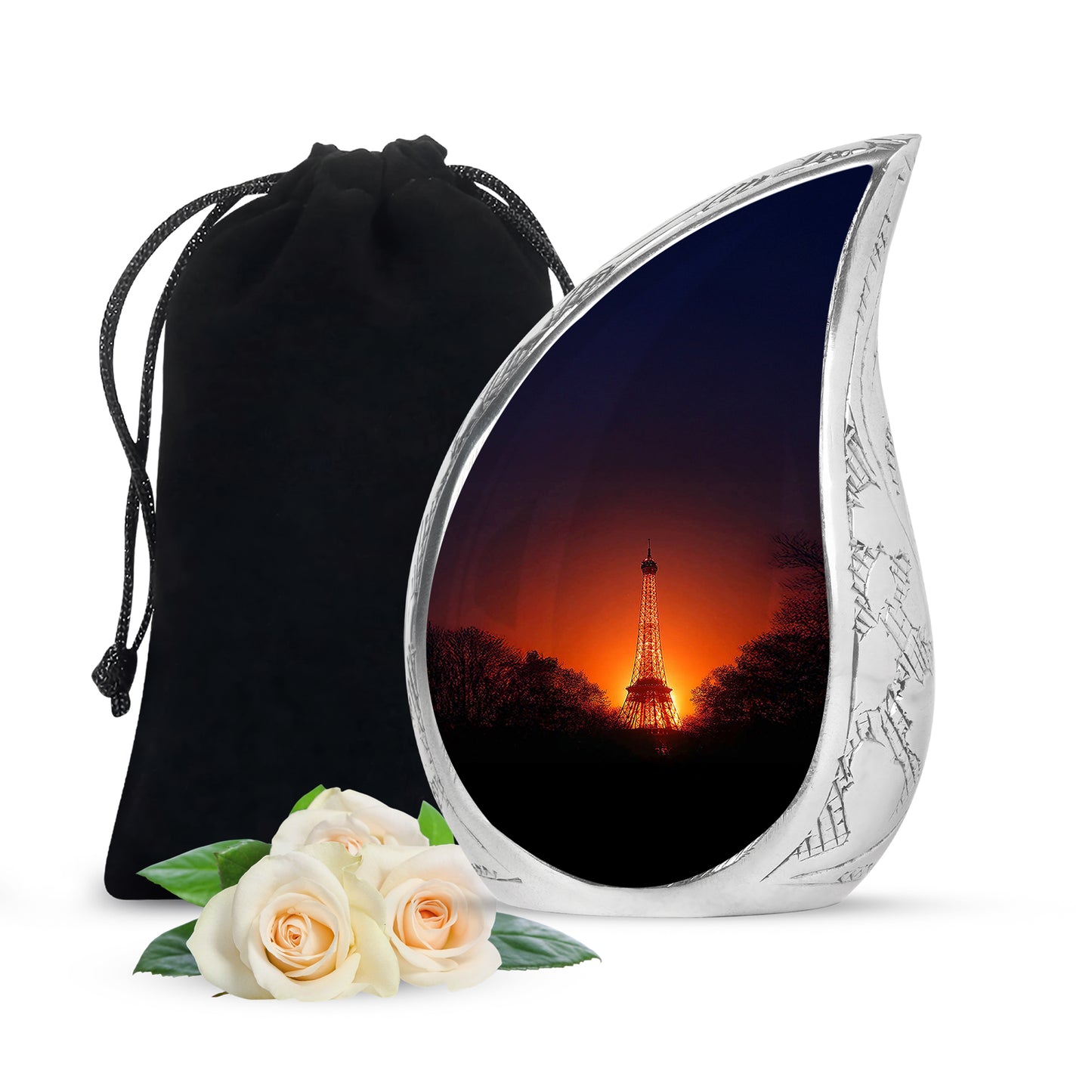 Pastel Pink Eiffel Tower Cremation Urn front view showing detailed design - rounded teardrop eiffel tower design with delicate detail - full-size 10 inch 200 cubic inch adult cremation urn