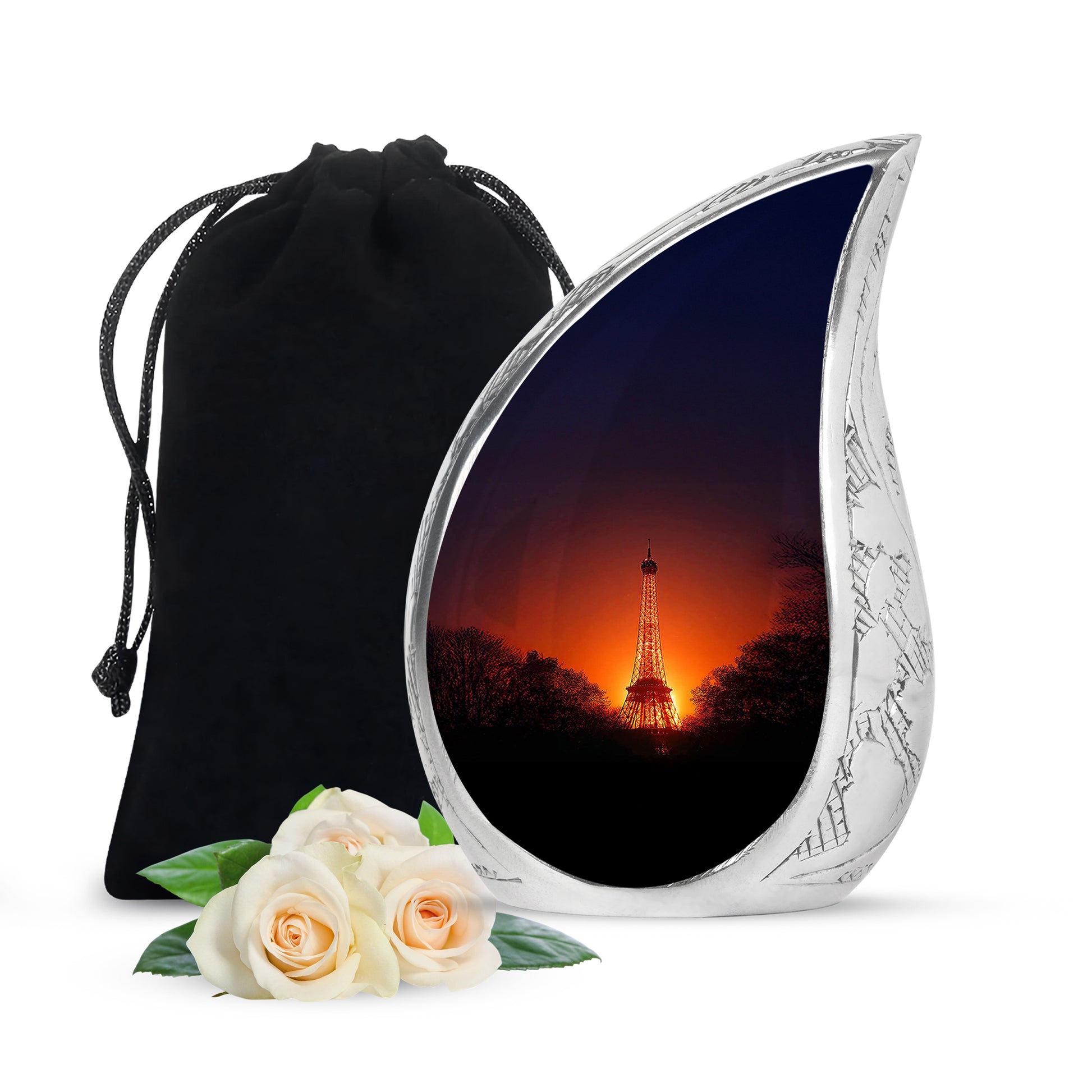 Pastel Pink Eiffel Tower Cremation Urn front view showing detailed design - rounded teardrop eiffel tower design with delicate detail - full-size 10 inch 200 cubic inch adult cremation urn