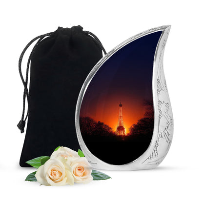 Pastel Pink Eiffel Tower Cremation Urn front view showing detailed design - rounded teardrop eiffel tower design with delicate detail - full-size 10 inch 200 cubic inch adult cremation urn