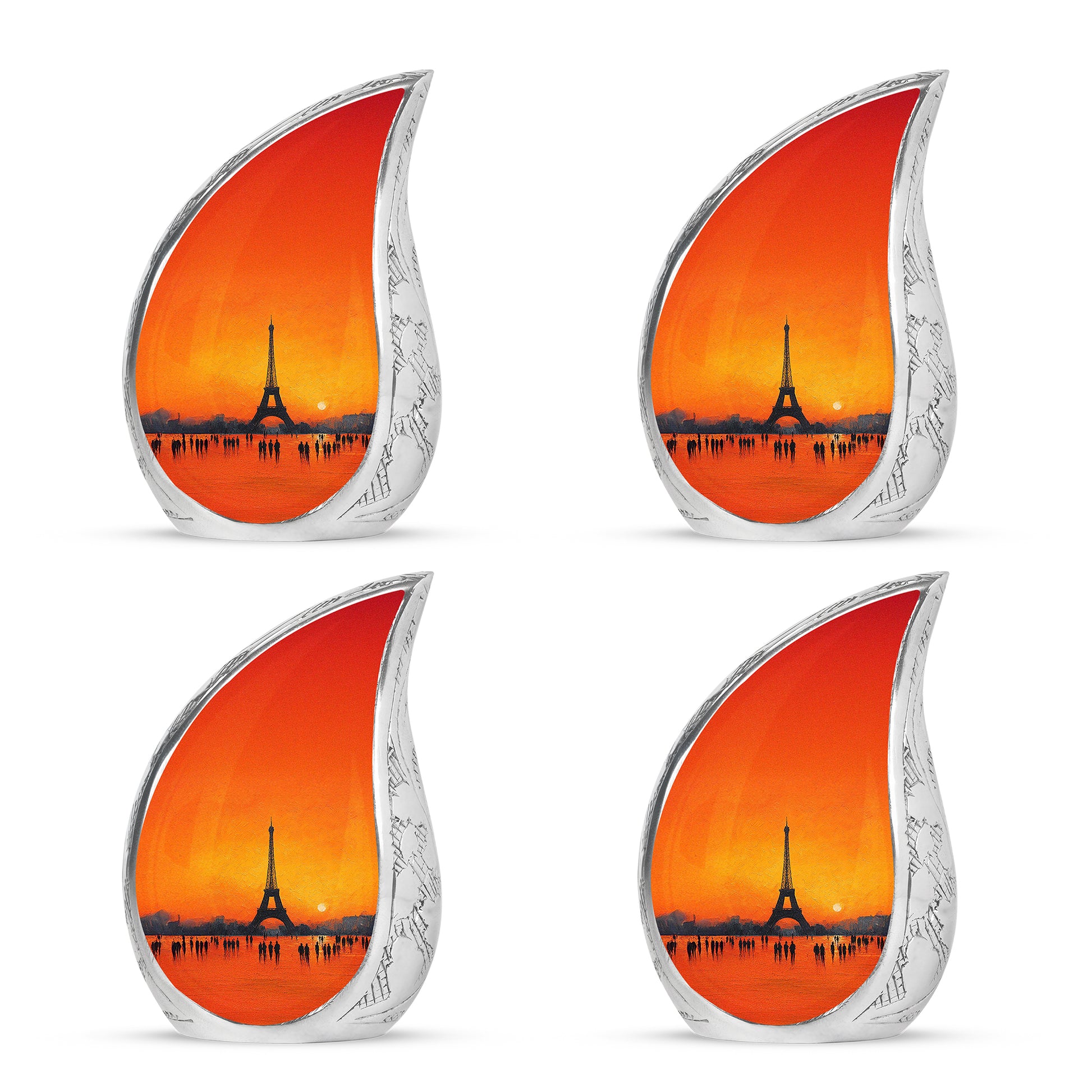 Antique Gold Eiffel Tower Cremation Urn close-up of engraving and surface detail - flowing teardrop eiffel tower silhouette on curved aluminum - 10 inch aluminum urn for cremated remains