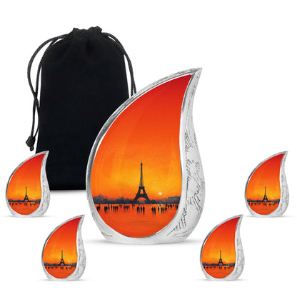 Amber Gold Eiffel Tower Cremation Urn side profile showing urn shape - rounded teardrop eiffel tower design with delicate detail - memorial set with one large and four small urns