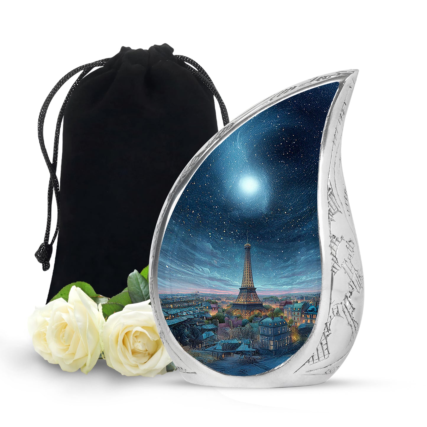 Indigo Eiffel Tower Cremation Urn front view showing detailed design - flowing teardrop eiffel tower silhouette on curved aluminum - full-size 10 inch 200 cubic inch adult cremation urn