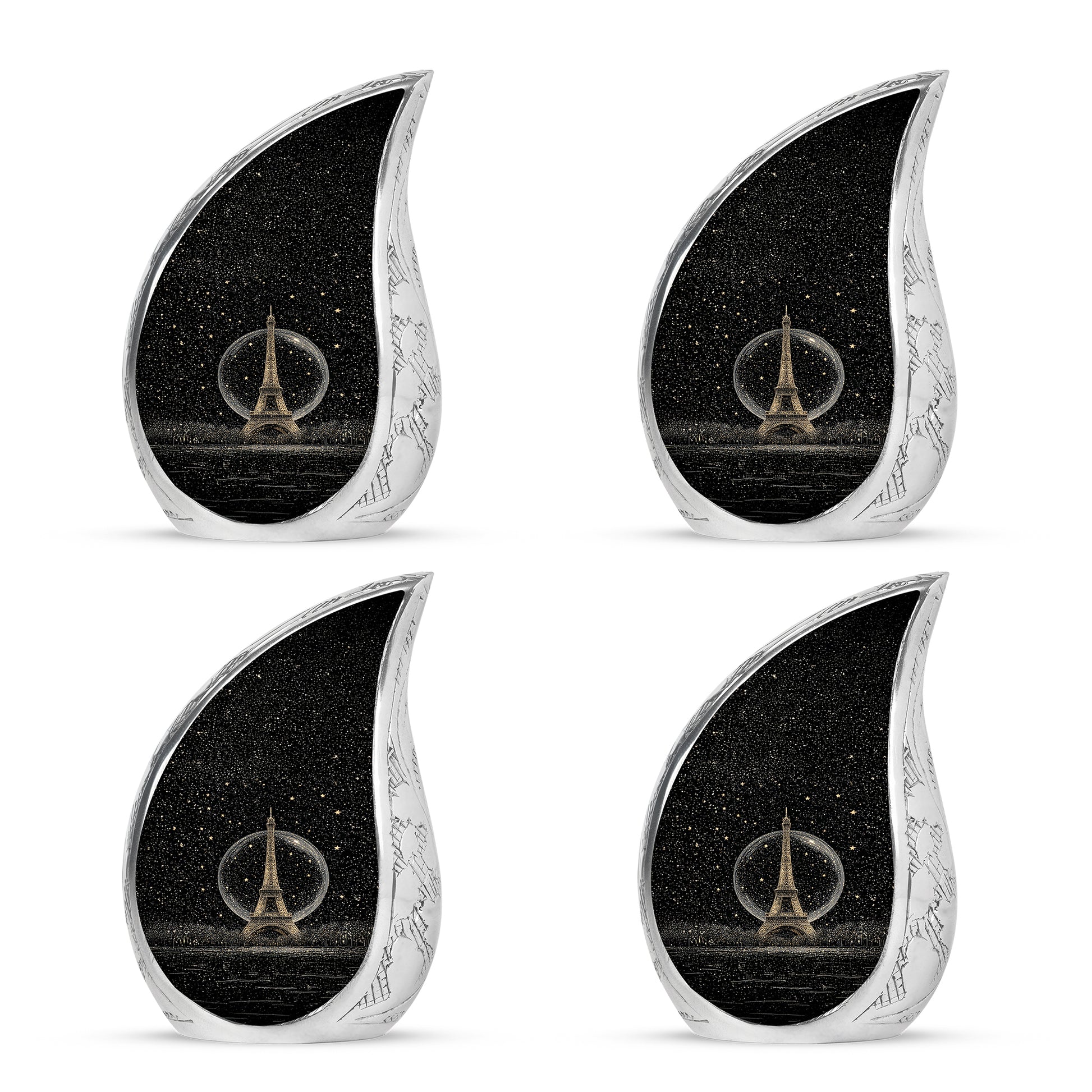 Obsidian Black Eiffel Tower Cremation Urn close-up of engraving and surface detail - graceful tear-shaped urn with eiffel tower motif - 10 inch aluminum urn for cremated remains