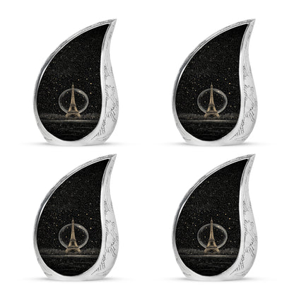 Obsidian Black Eiffel Tower Cremation Urn close-up of engraving and surface detail - graceful tear-shaped urn with eiffel tower motif - 10 inch aluminum urn for cremated remains