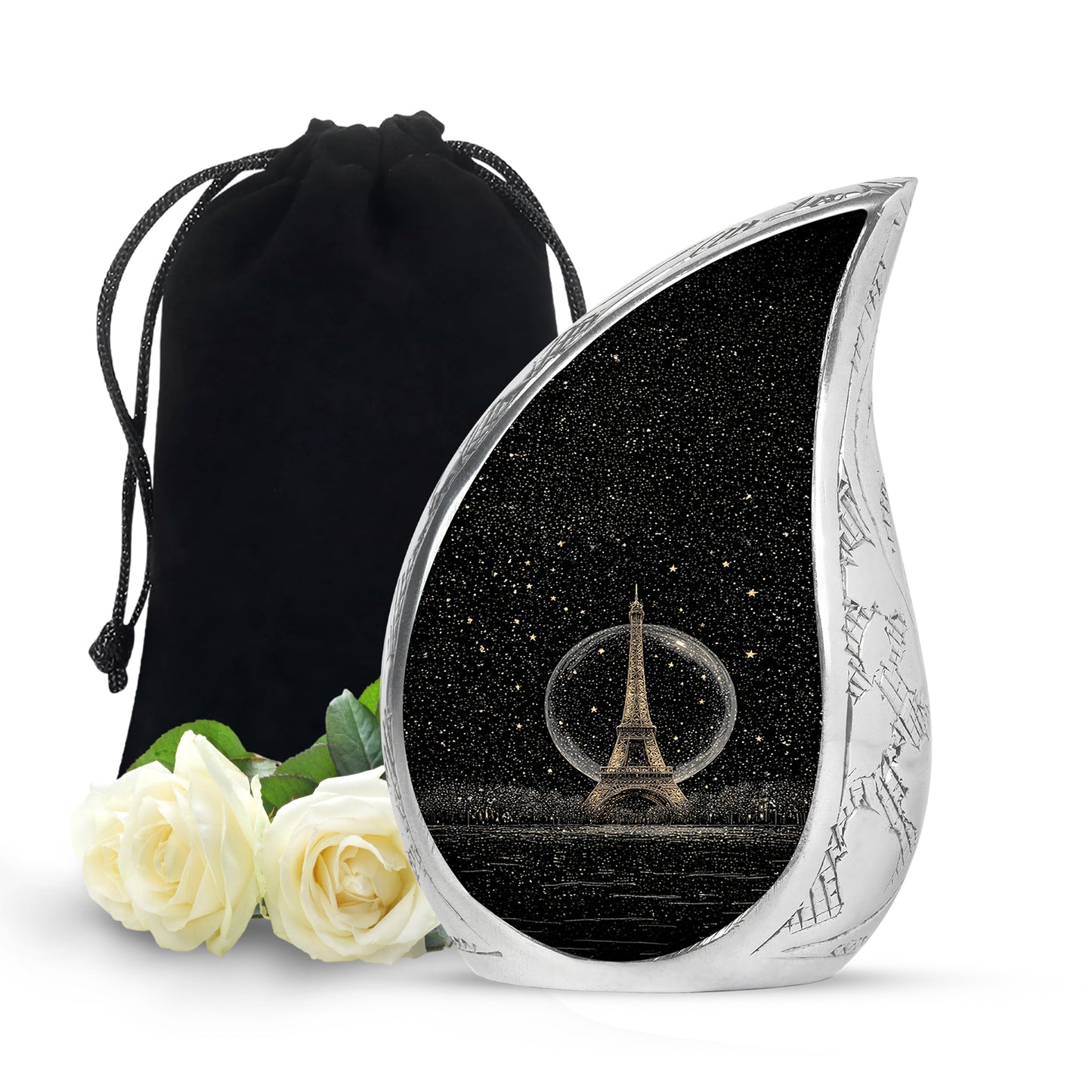 Rich Black Eiffel Tower Cremation Urn front view showing detailed design - rounded teardrop eiffel tower design with delicate detail - full-size 10 inch 200 cubic inch adult cremation urn