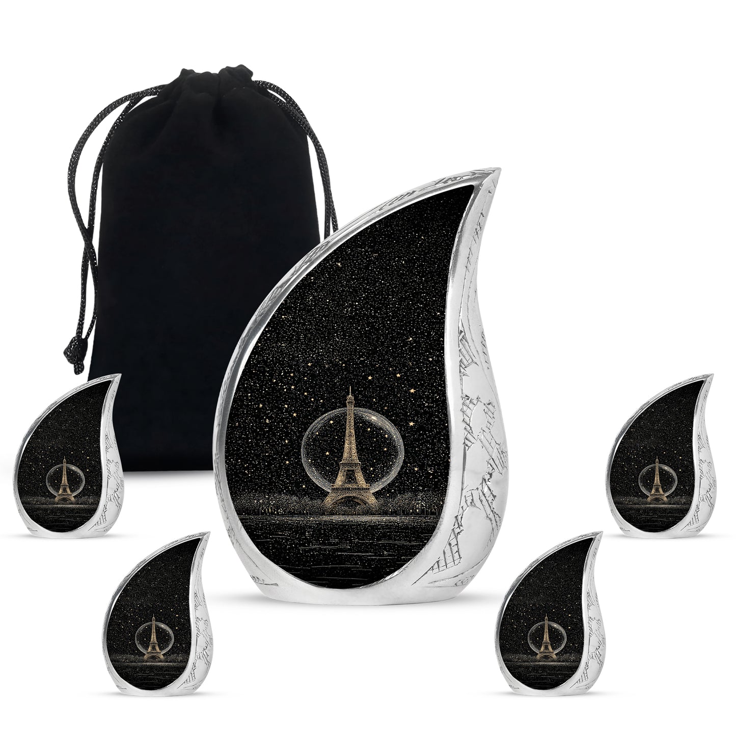 Rich Black Eiffel Tower Cremation Urn side profile showing urn shape - flowing teardrop eiffel tower silhouette on curved aluminum - memorial set with one large and four small urns
