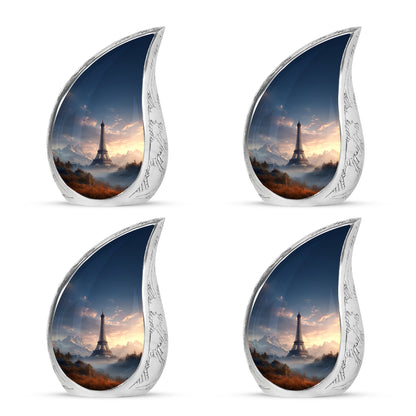 Sky Blue Eiffel Tower Cremation Urn close-up of engraving and surface detail - flowing teardrop eiffel tower silhouette on curved aluminum - 10 inch aluminum urn for cremated remains