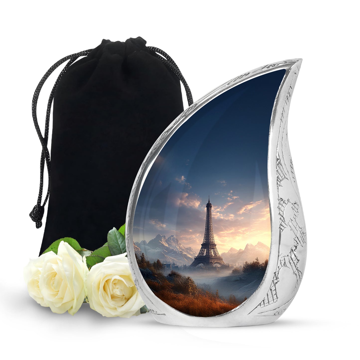 Calming Blue Eiffel Tower Cremation Urn front view showing detailed design - smooth teardrop contour featuring eiffel tower art - full-size 10 inch 200 cubic inch adult cremation urn