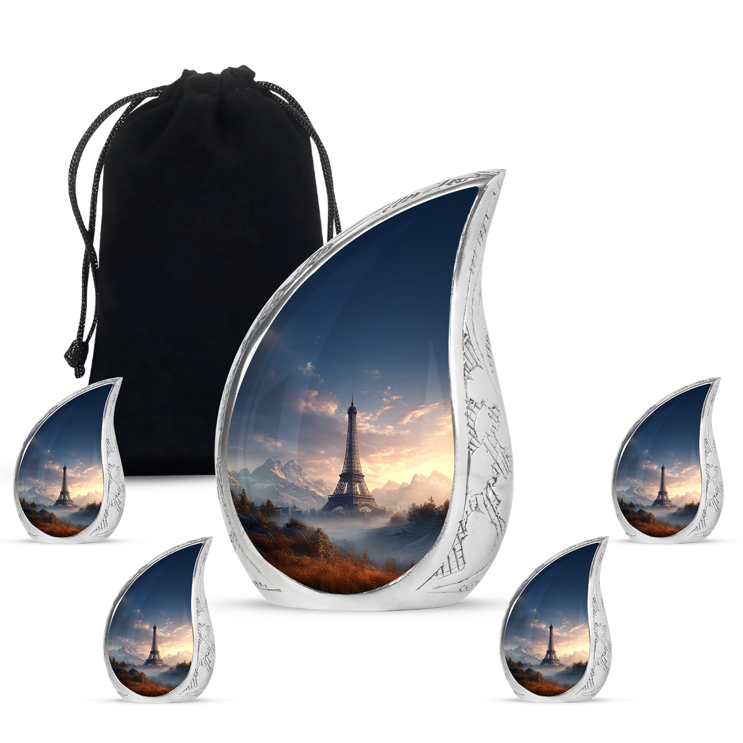 Calming Blue Eiffel Tower Cremation Urn side profile showing urn shape - graceful tear-shaped urn with eiffel tower motif - memorial set with one large and four small urns