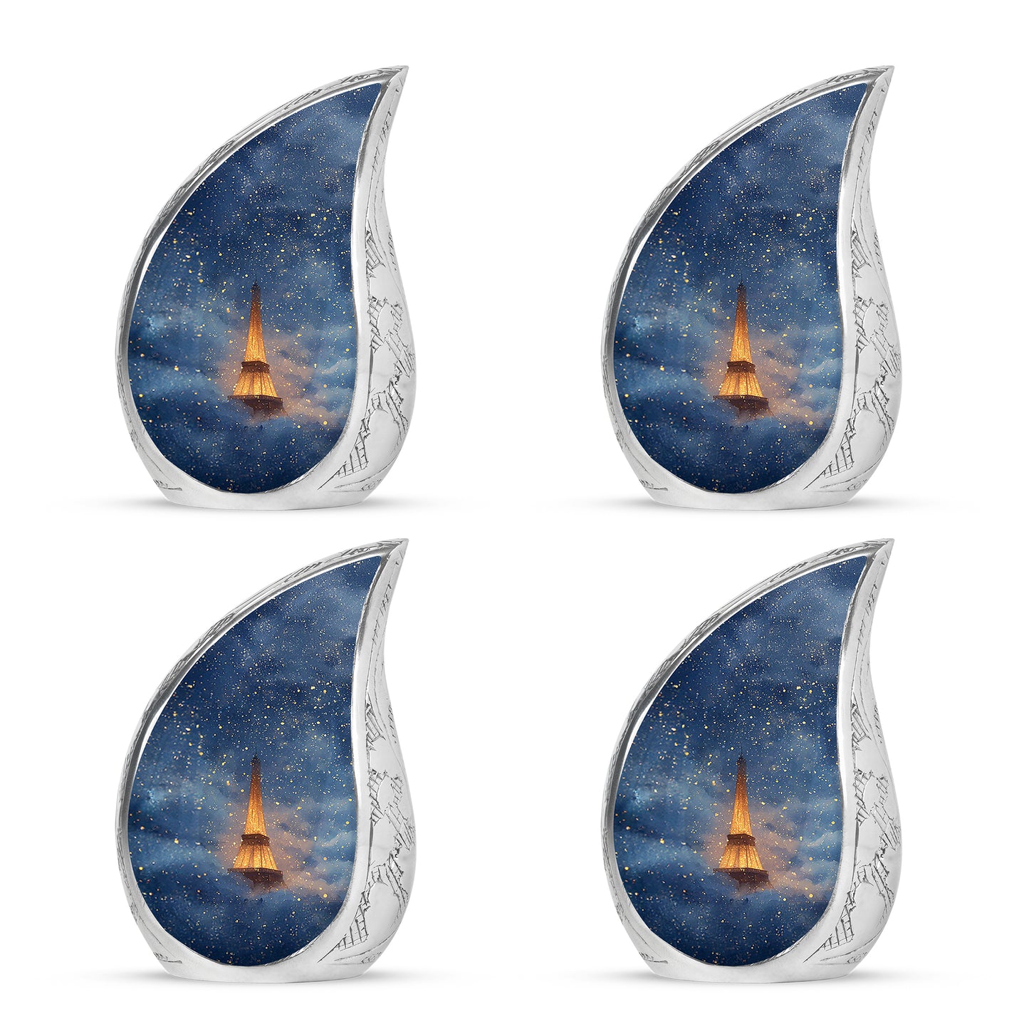 Calming Blue Eiffel Tower Cremation Urn close-up of engraving and surface detail - smooth teardrop contour featuring eiffel tower art - 10 inch aluminum urn for cremated remains