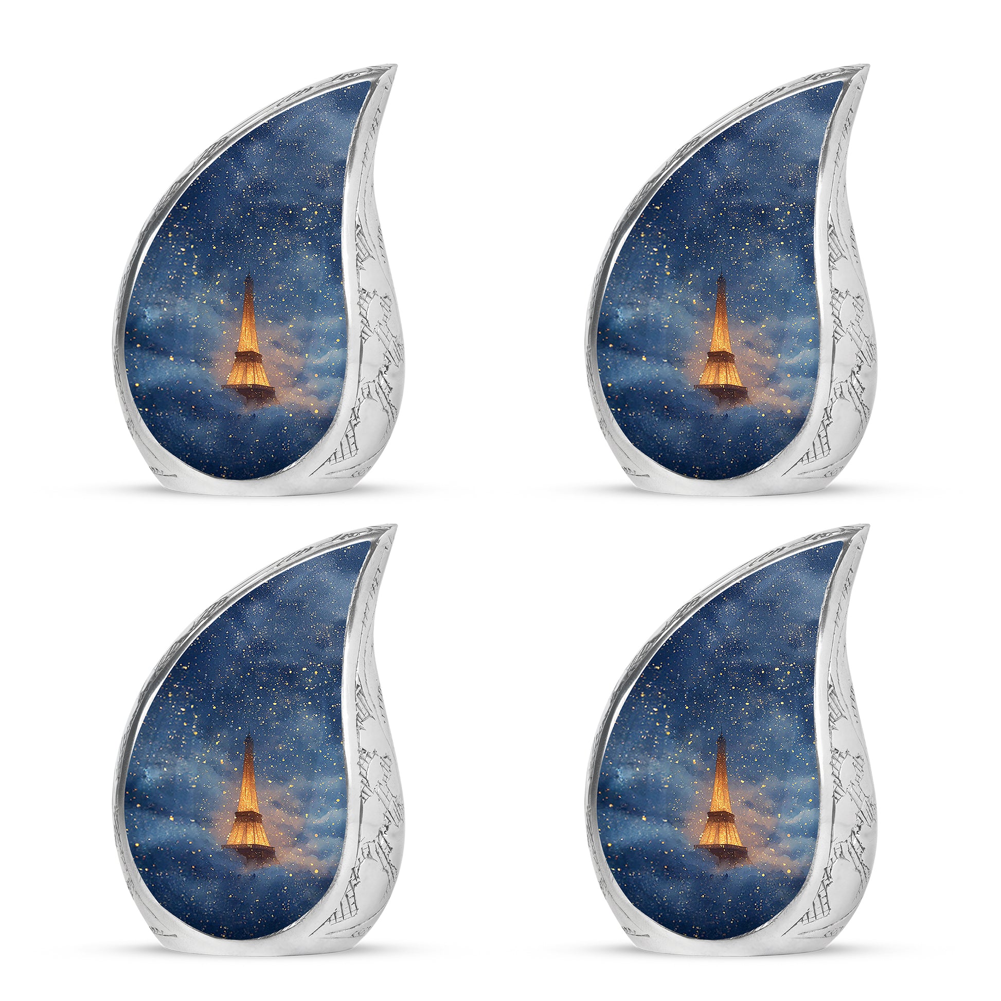 Calming Blue Eiffel Tower Cremation Urn close-up of engraving and surface detail - smooth teardrop contour featuring eiffel tower art - 10 inch aluminum urn for cremated remains