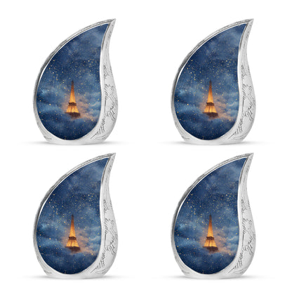 Calming Blue Eiffel Tower Cremation Urn close-up of engraving and surface detail - smooth teardrop contour featuring eiffel tower art - 10 inch aluminum urn for cremated remains