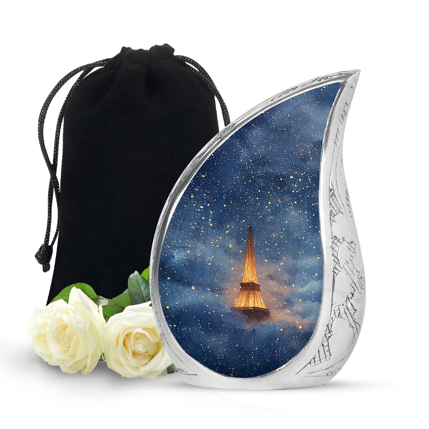 Azure Eiffel Tower Cremation Urn front view showing detailed design - rounded teardrop eiffel tower design with delicate detail - full-size 10 inch 200 cubic inch adult cremation urn