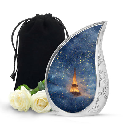 Azure Eiffel Tower Cremation Urn front view showing detailed design - rounded teardrop eiffel tower design with delicate detail - full-size 10 inch 200 cubic inch adult cremation urn