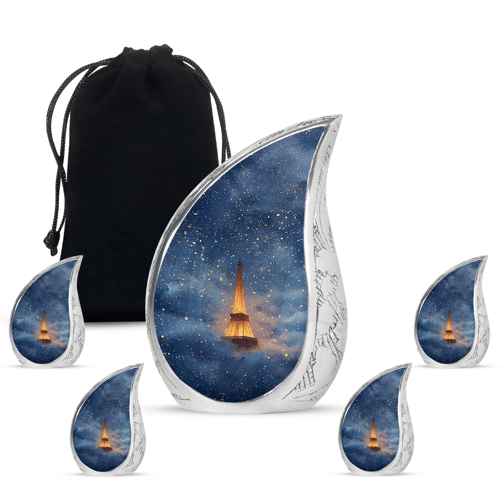 Sapphire Blue Eiffel Tower Cremation Urn side profile showing urn shape - smooth teardrop contour featuring eiffel tower art - memorial set with one large and four small urns