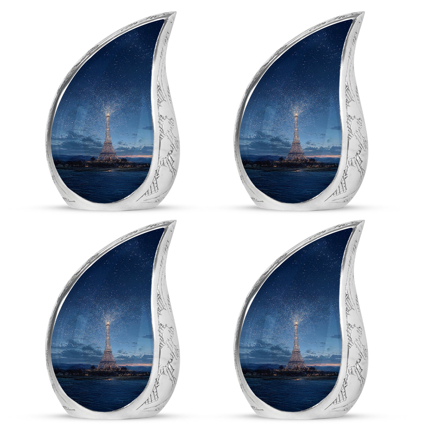 Cornflower Blue Eiffel Tower Cremation Urn close-up of engraving and surface detail - smooth teardrop contour featuring eiffel tower art - 10 inch aluminum urn for cremated remains