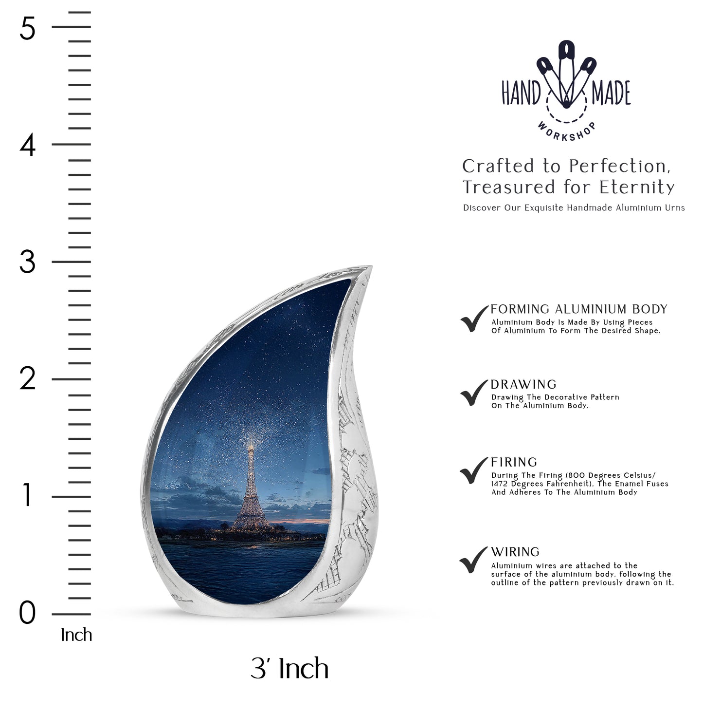 Twilight Blue Eiffel Tower Cremation Urn angled view of lid and engraved motif - graceful tear-shaped urn with eiffel tower motif - mini keepsake memorial for portion of cremation ashes