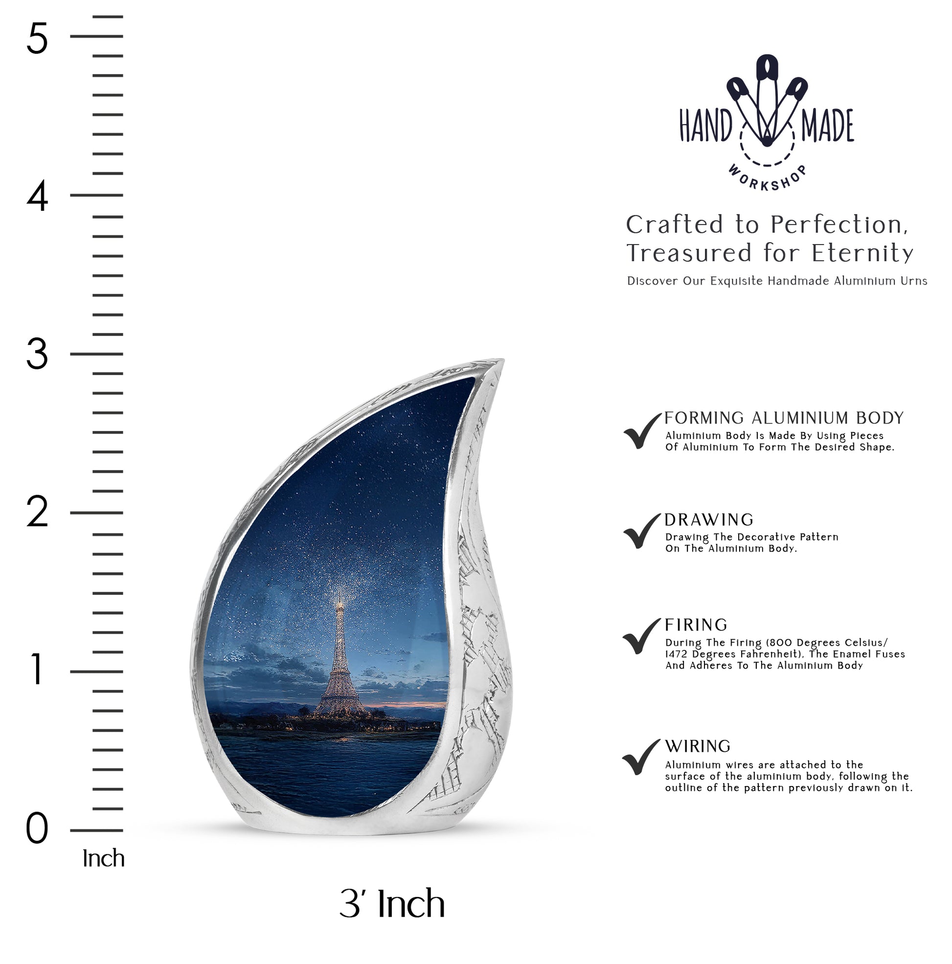 Twilight Blue Eiffel Tower Cremation Urn angled view of lid and engraved motif - graceful tear-shaped urn with eiffel tower motif - mini keepsake memorial for portion of cremation ashes