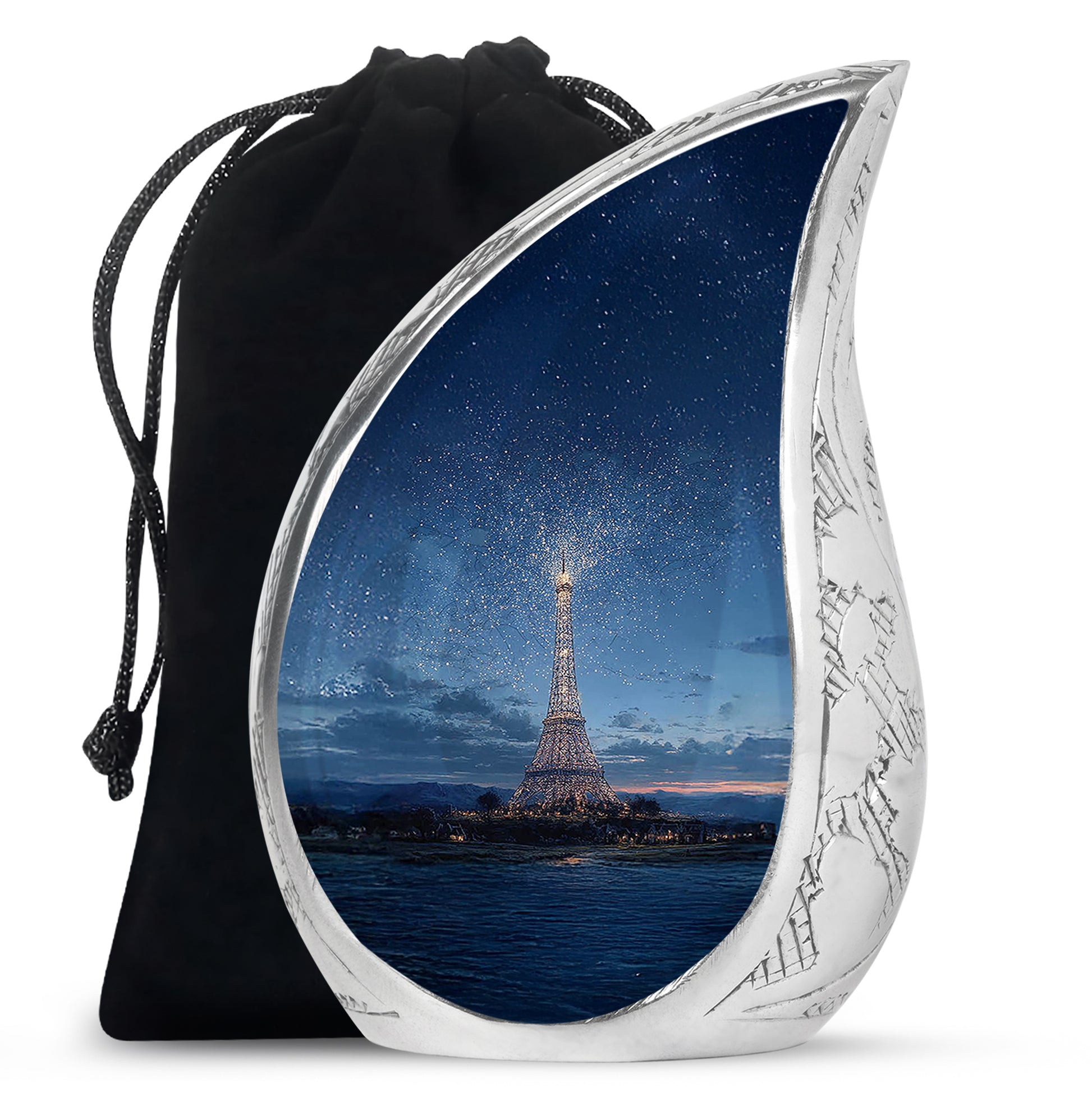 Steel Blue Eiffel Tower Cremation Urn front view showing detailed design - smooth teardrop contour featuring eiffel tower art - full-size 10 inch 200 cubic inch adult cremation urn