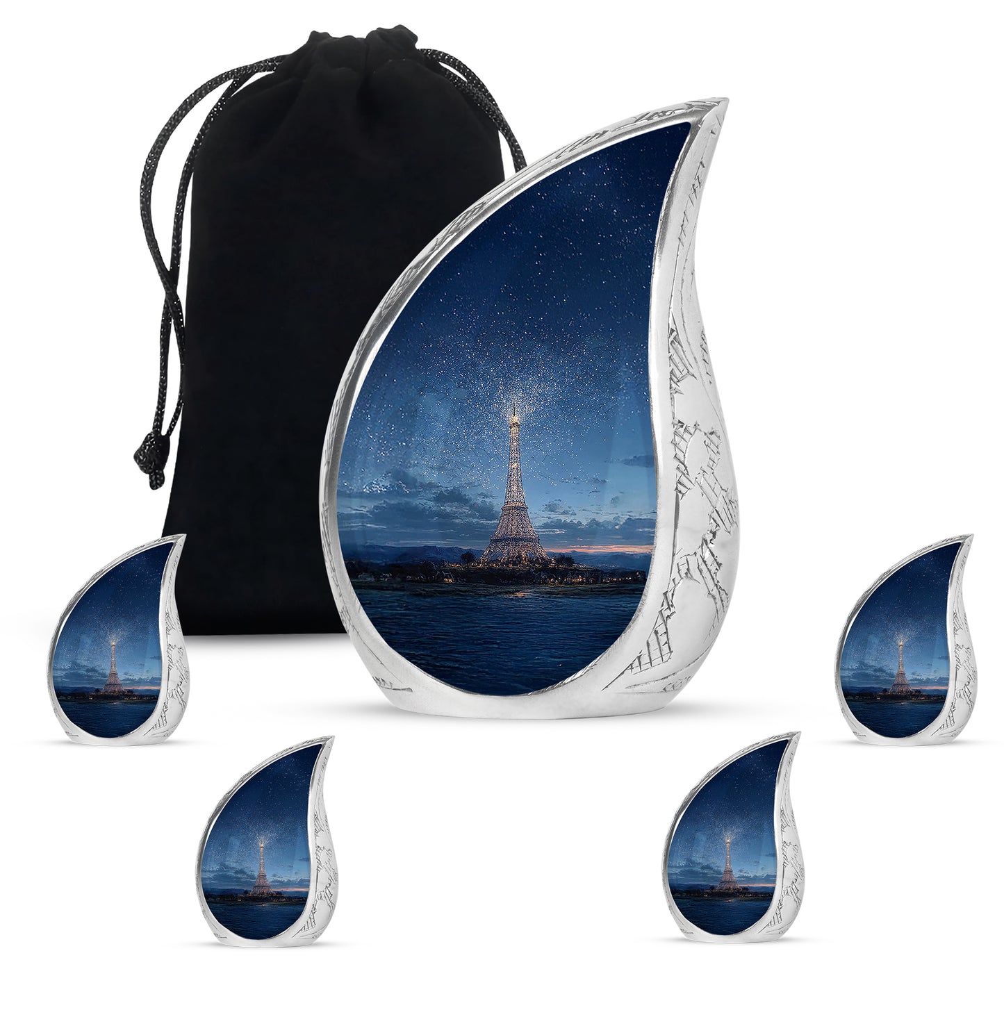 Soft Blue Eiffel Tower Cremation Urn side profile showing urn shape - smooth teardrop contour featuring eiffel tower art - memorial set with one large and four small urns