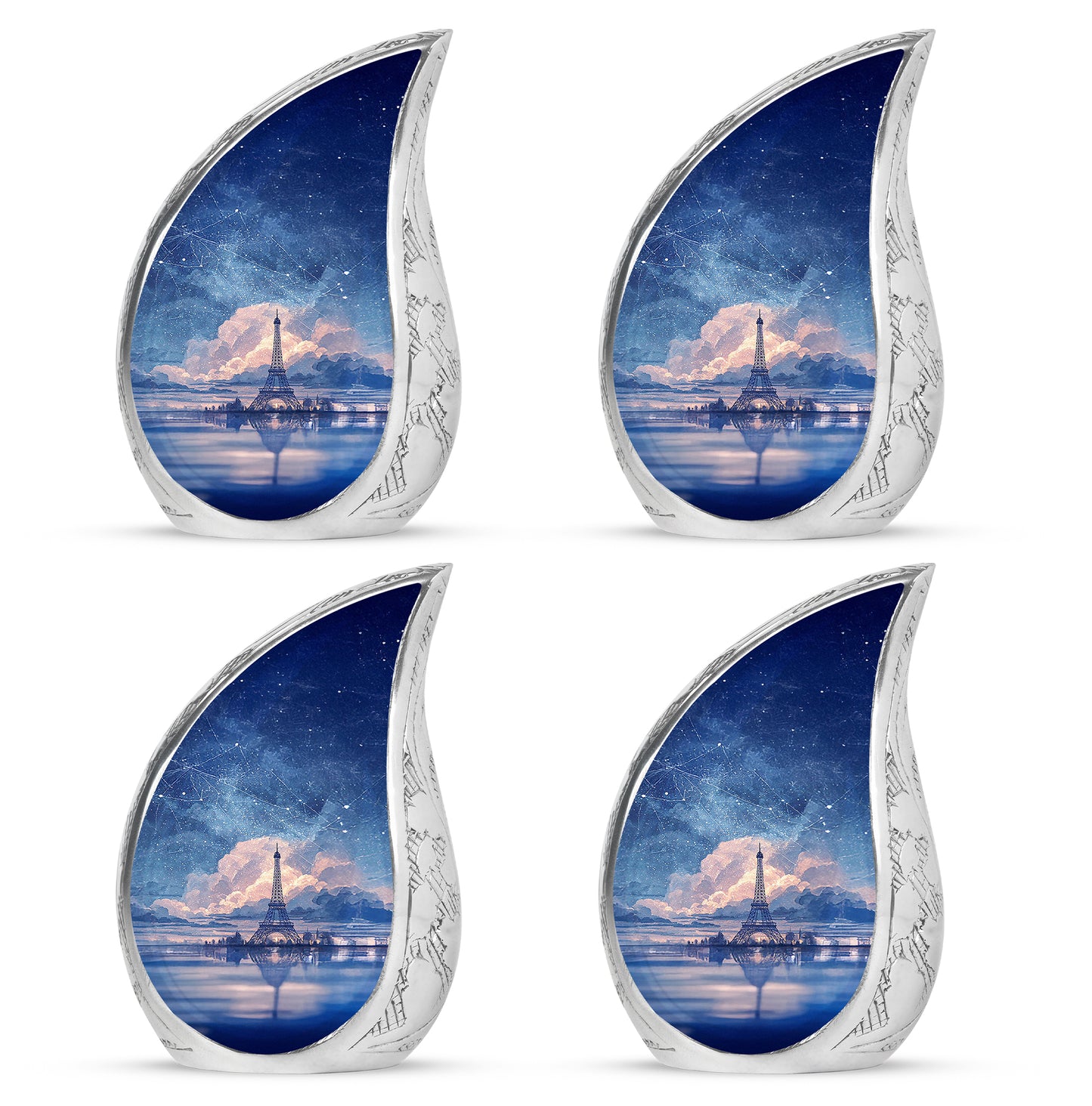 Pastel Blue Eiffel Tower Cremation Urn close-up of engraving and surface detail - flowing teardrop eiffel tower silhouette on curved aluminum - 10 inch aluminum urn for cremated remains