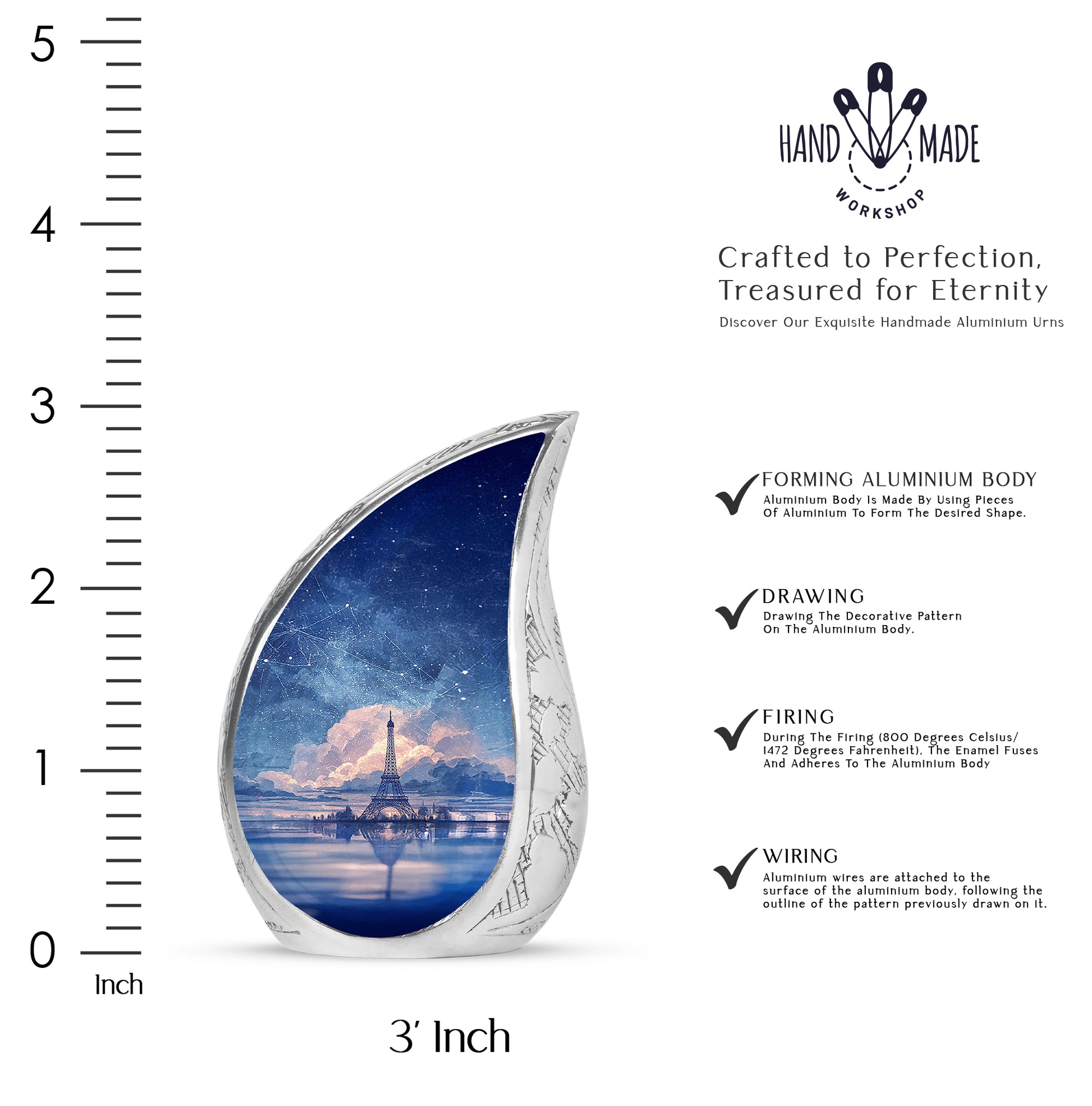 Sapphire Blue Eiffel Tower Cremation Urn angled view of lid and engraved motif - graceful tear-shaped urn with eiffel tower motif - mini keepsake memorial for portion of cremation ashes