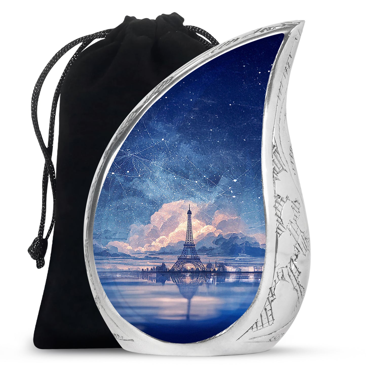 Royal Blue Eiffel Tower Cremation Urn front view showing detailed design - smooth teardrop contour featuring eiffel tower art - full-size 10 inch 200 cubic inch adult cremation urn