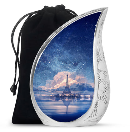 Royal Blue Eiffel Tower Cremation Urn front view showing detailed design - smooth teardrop contour featuring eiffel tower art - full-size 10 inch 200 cubic inch adult cremation urn