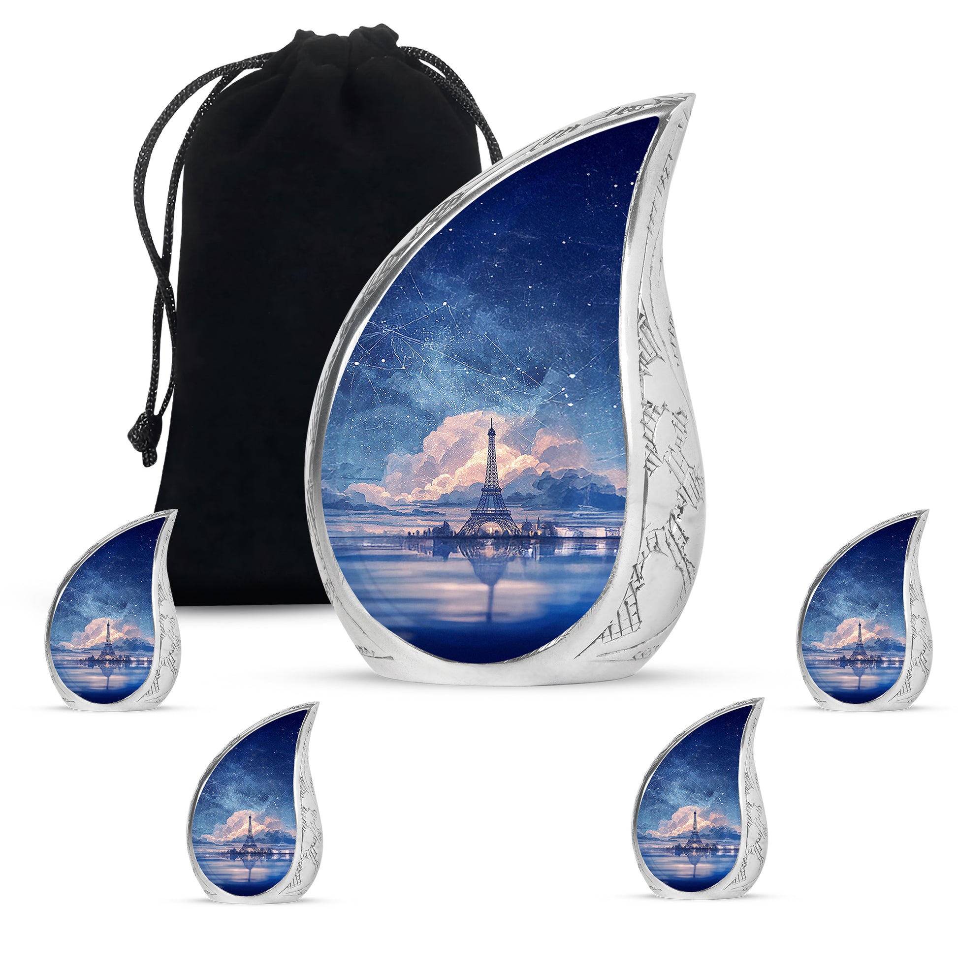Powder Blue Eiffel Tower Cremation Urn side profile showing urn shape - flowing teardrop eiffel tower silhouette on curved aluminum - memorial set with one large and four small urns