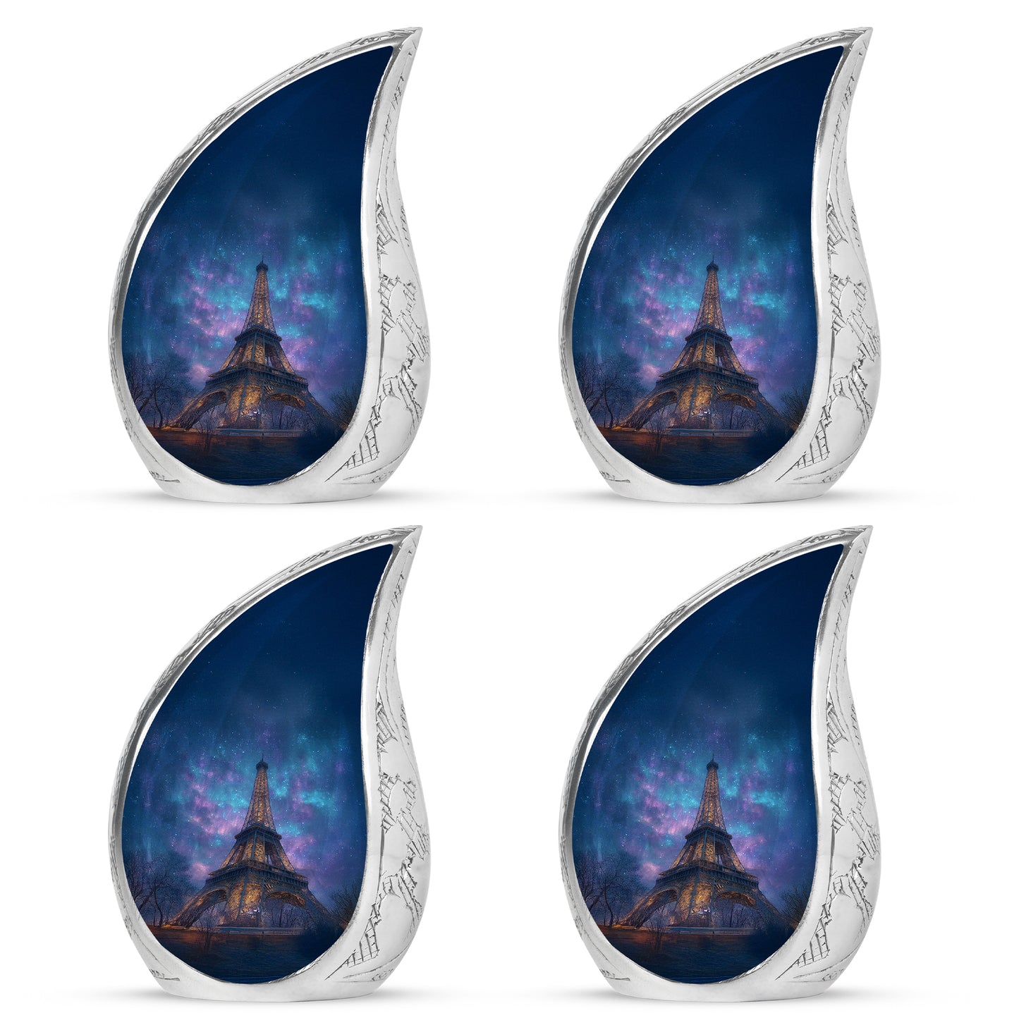Royal Blue Eiffel Tower Cremation Urn close-up of engraving and surface detail - smooth teardrop contour featuring eiffel tower art - 10 inch aluminum urn for cremated remains