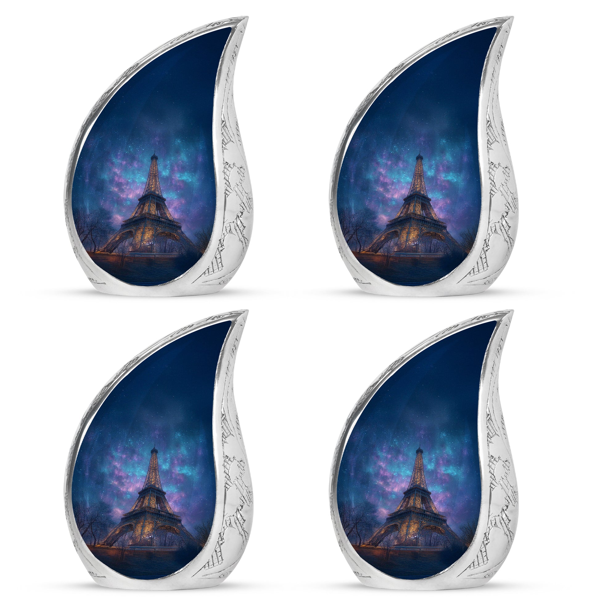 Royal Blue Eiffel Tower Cremation Urn close-up of engraving and surface detail - smooth teardrop contour featuring eiffel tower art - 10 inch aluminum urn for cremated remains