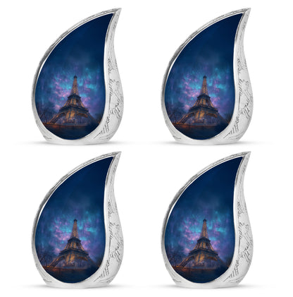 Royal Blue Eiffel Tower Cremation Urn close-up of engraving and surface detail - smooth teardrop contour featuring eiffel tower art - 10 inch aluminum urn for cremated remains