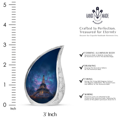 Royal Blue Eiffel Tower Cremation Urn angled view of lid and engraved motif - graceful tear-shaped urn with eiffel tower motif - mini keepsake memorial for portion of cremation ashes